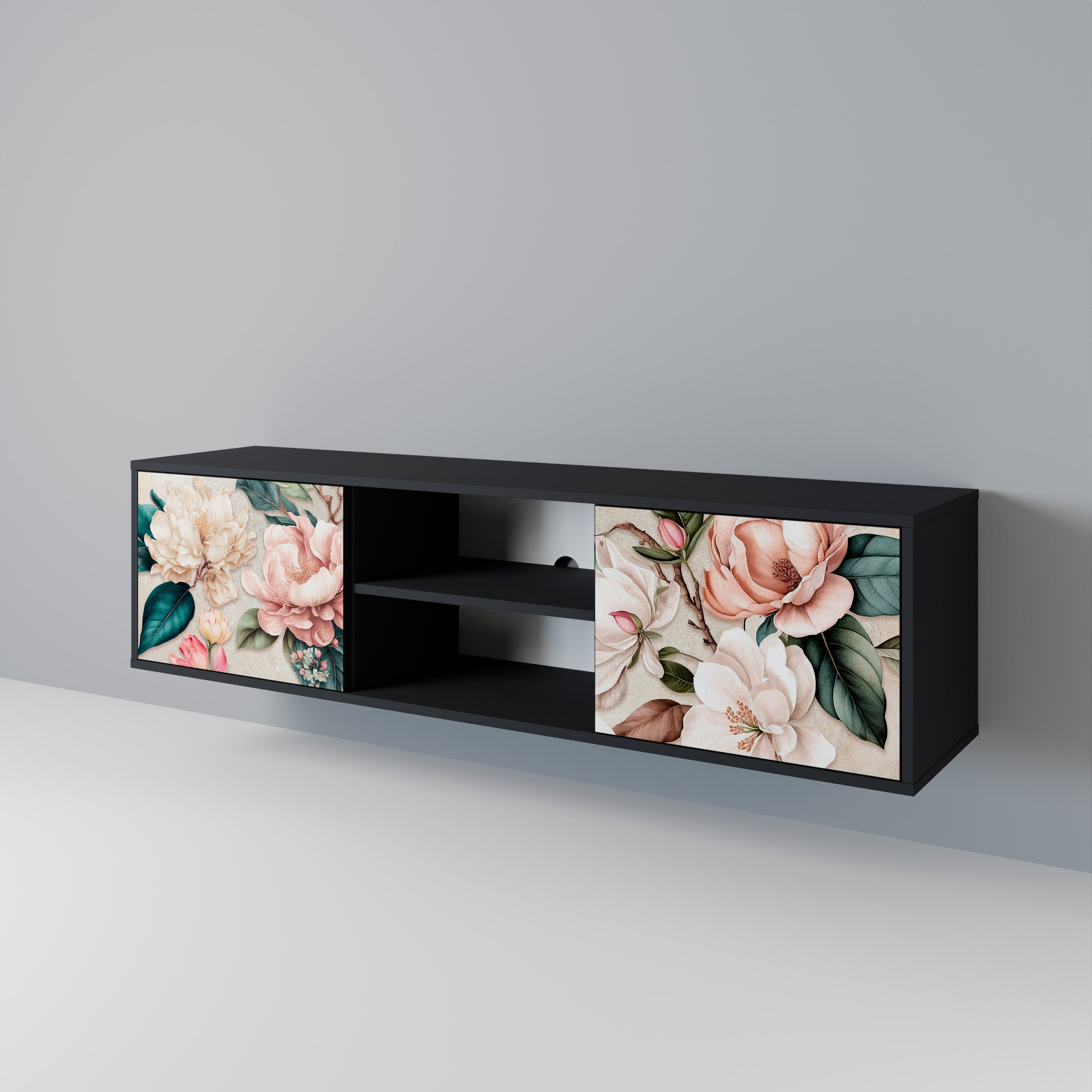 Βάση τηλεόρασης FLORAL GRACE με 2 πόρτες σε μαύρο φινίρισμα