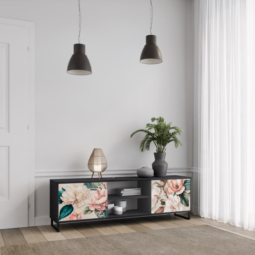Βάση τηλεόρασης FLORAL GRACE με 2 πόρτες σε μαύρο φινίρισμα