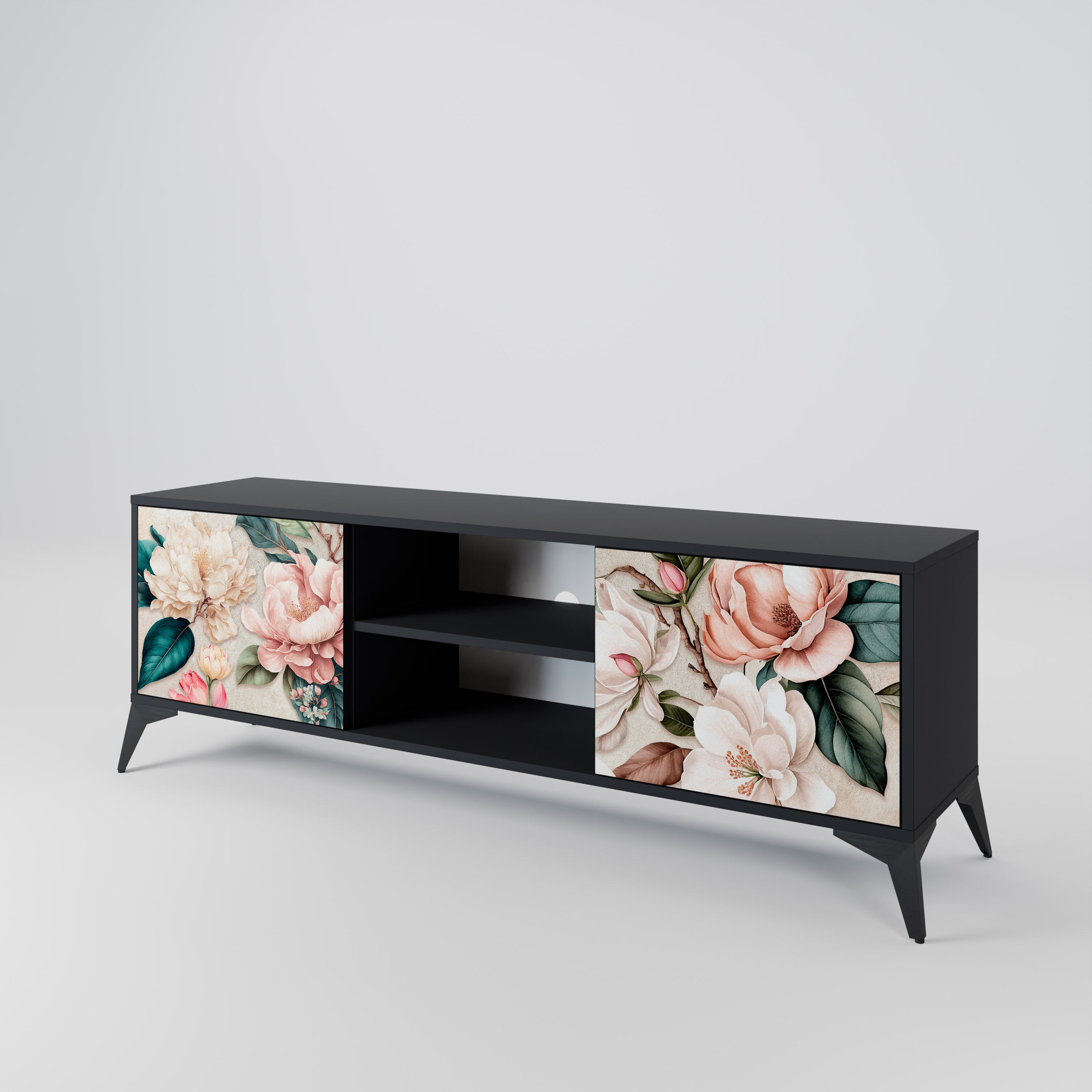 Βάση τηλεόρασης FLORAL GRACE με 2 πόρτες σε μαύρο φινίρισμα