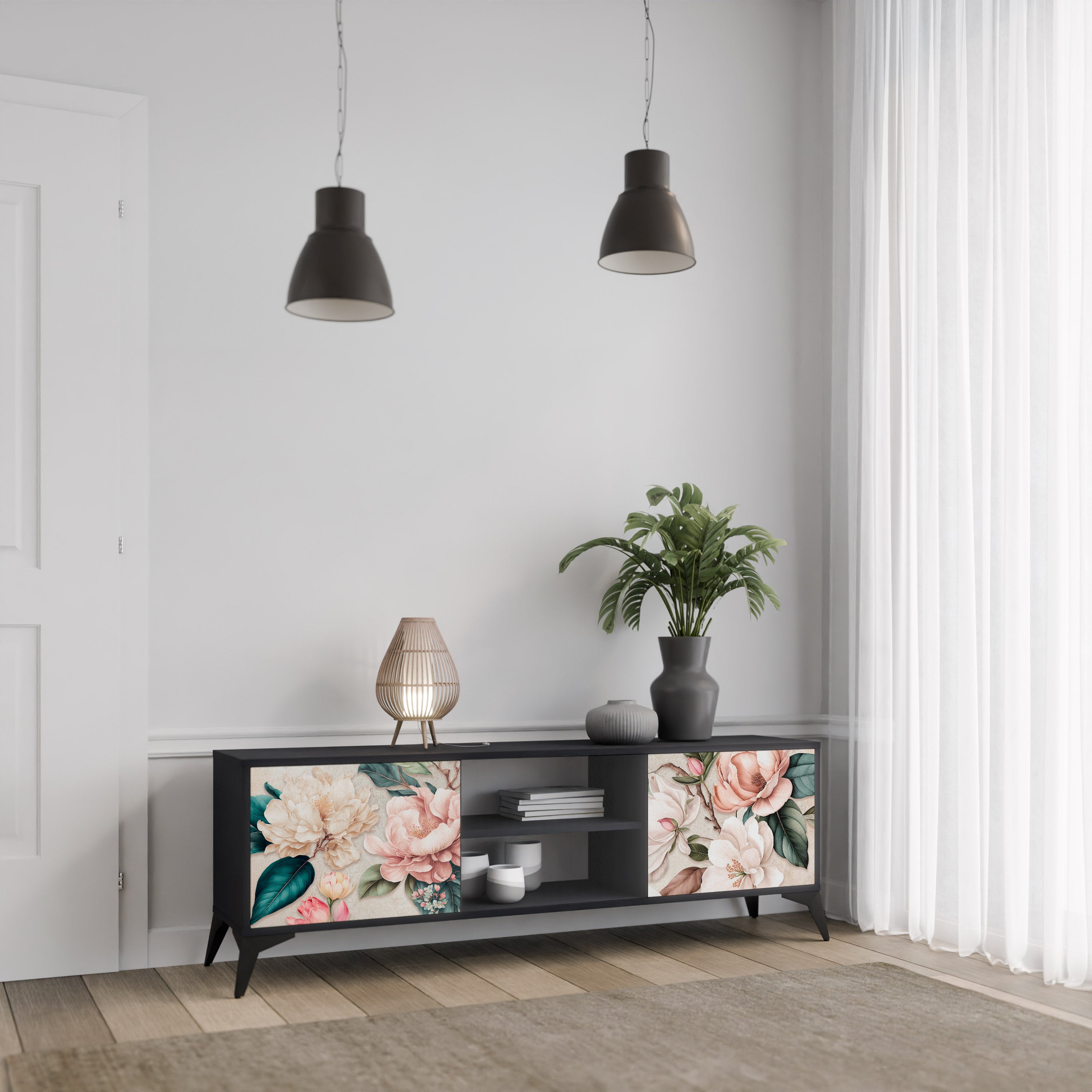 Βάση τηλεόρασης FLORAL GRACE με 2 πόρτες σε μαύρο φινίρισμα