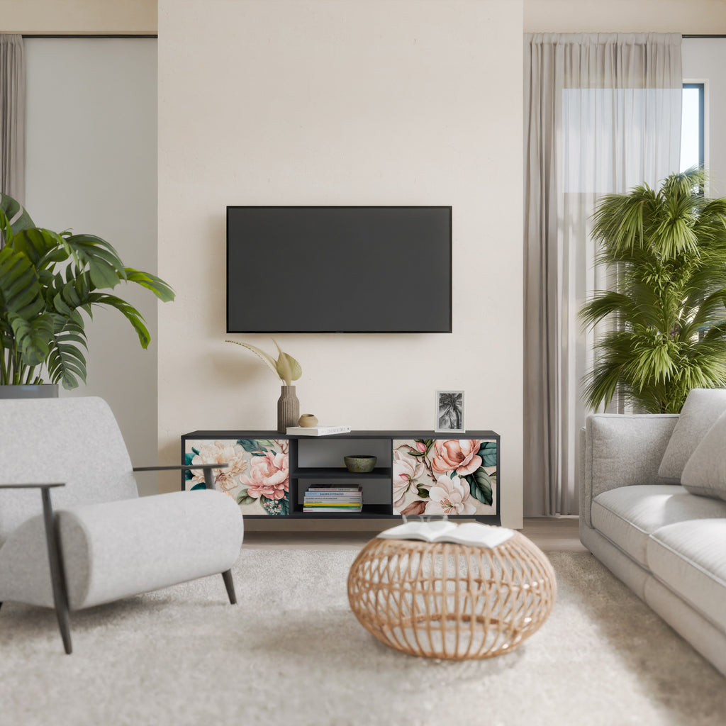 Βάση τηλεόρασης FLORAL GRACE με 2 πόρτες σε μαύρο φινίρισμα