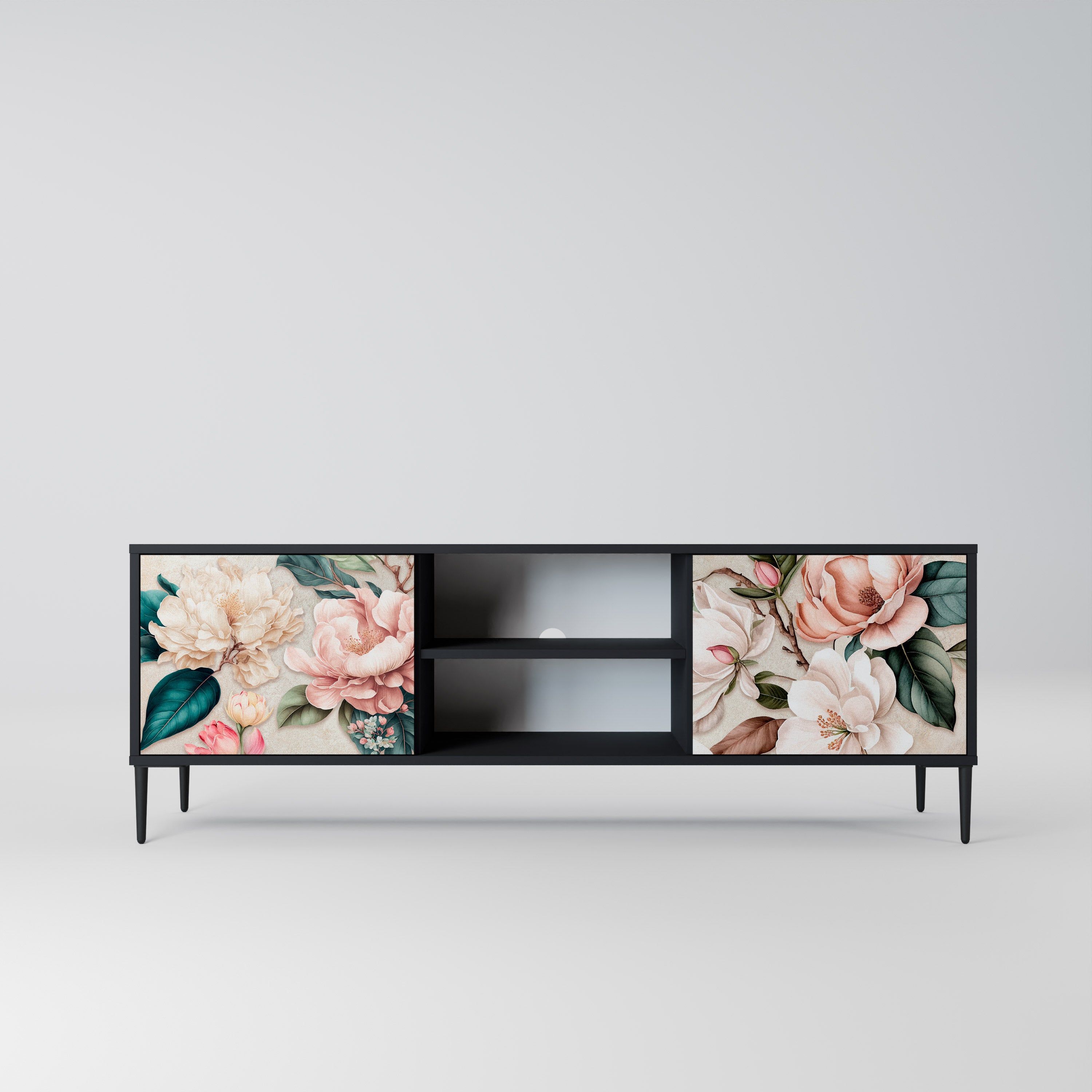 Βάση τηλεόρασης FLORAL GRACE με 2 πόρτες σε μαύρο φινίρισμα