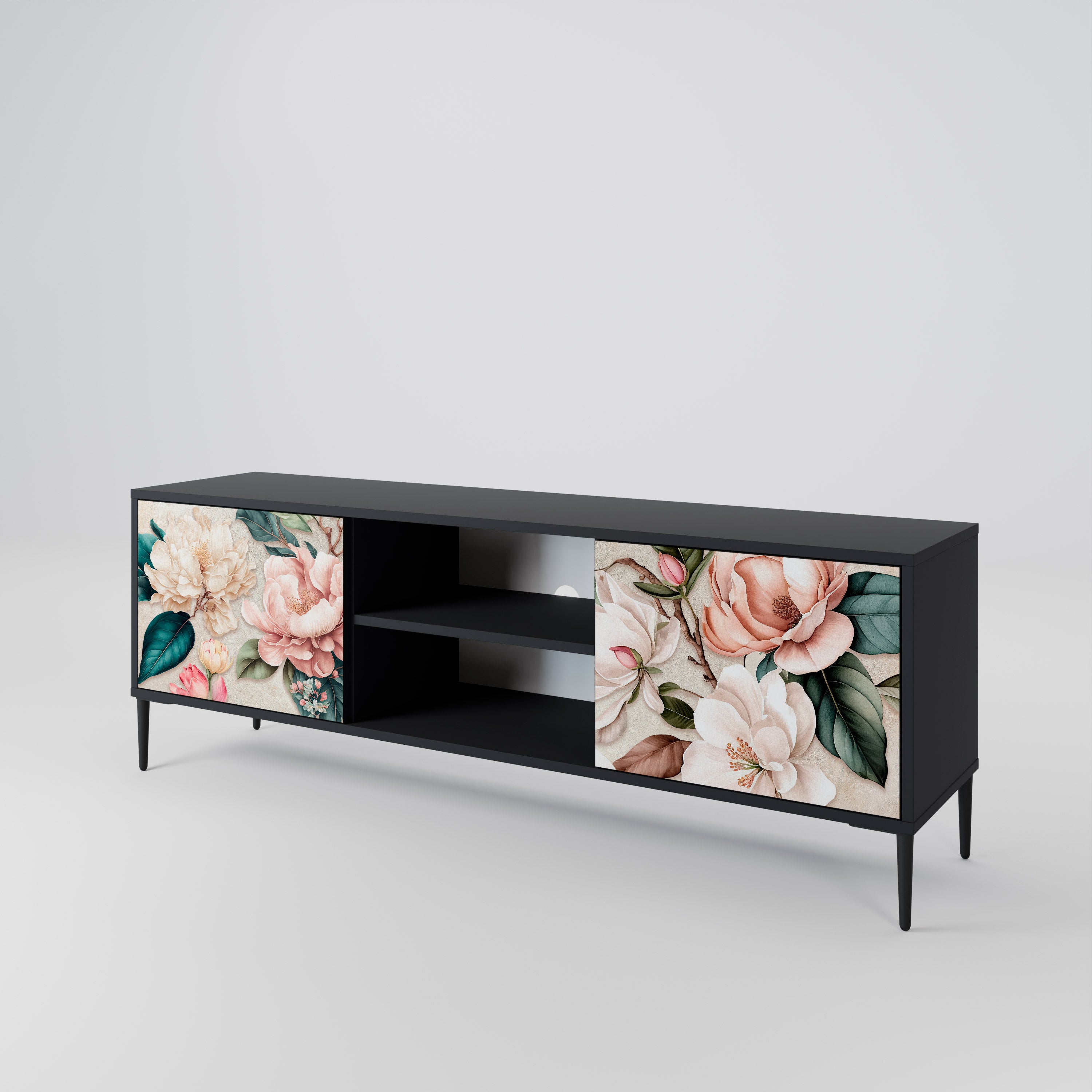 Βάση τηλεόρασης FLORAL GRACE με 2 πόρτες σε μαύρο φινίρισμα