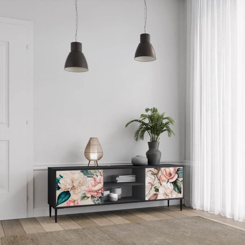 Βάση τηλεόρασης FLORAL GRACE με 2 πόρτες σε μαύρο φινίρισμα