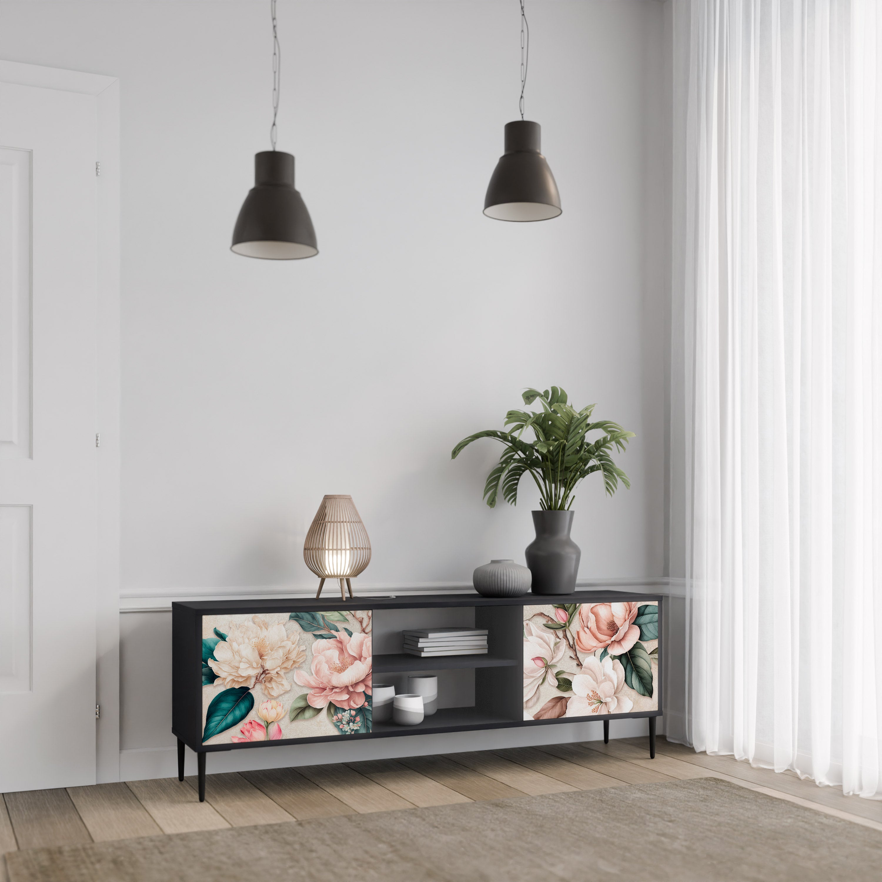 Βάση τηλεόρασης FLORAL GRACE με 2 πόρτες σε μαύρο φινίρισμα