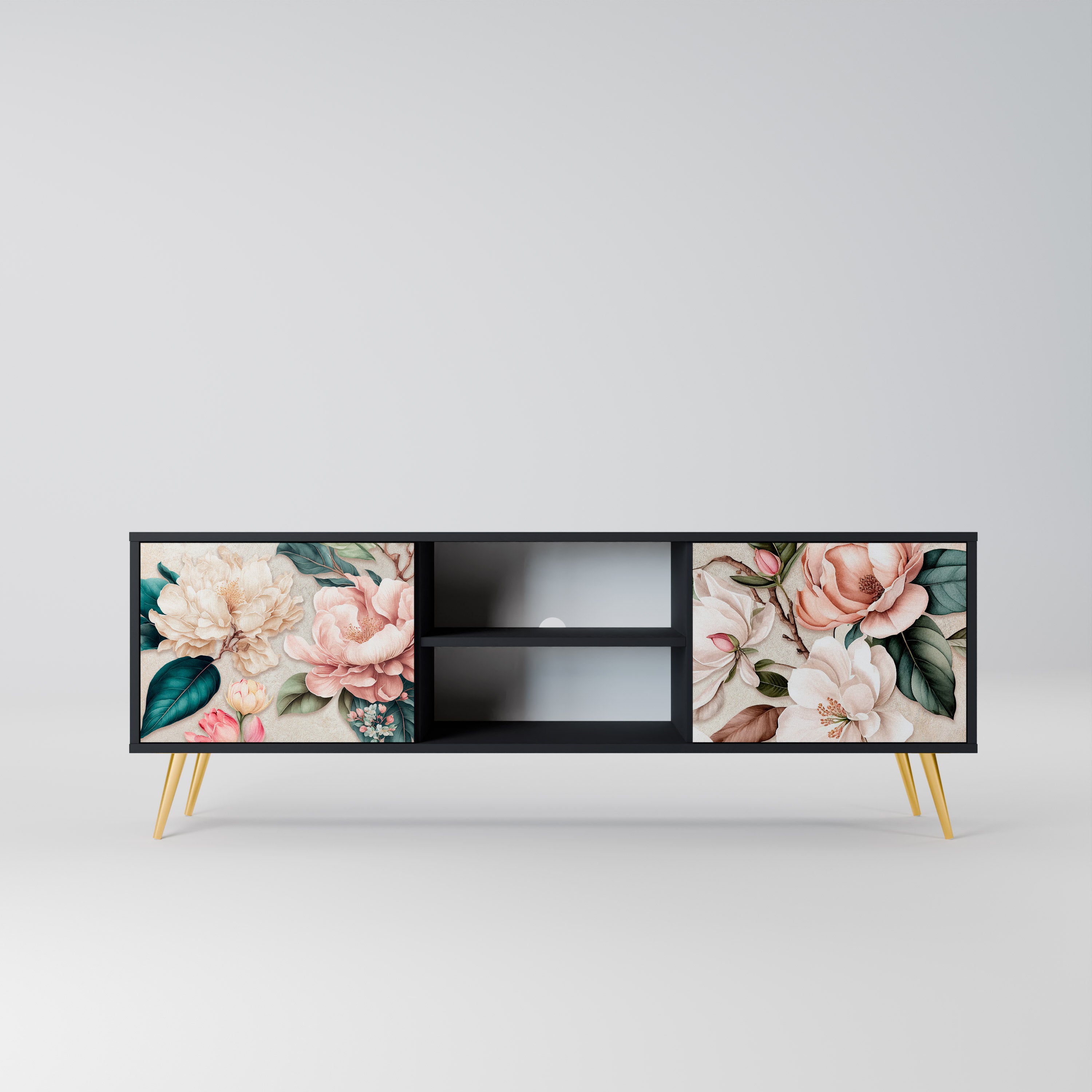 Βάση τηλεόρασης FLORAL GRACE με 2 πόρτες σε μαύρο φινίρισμα