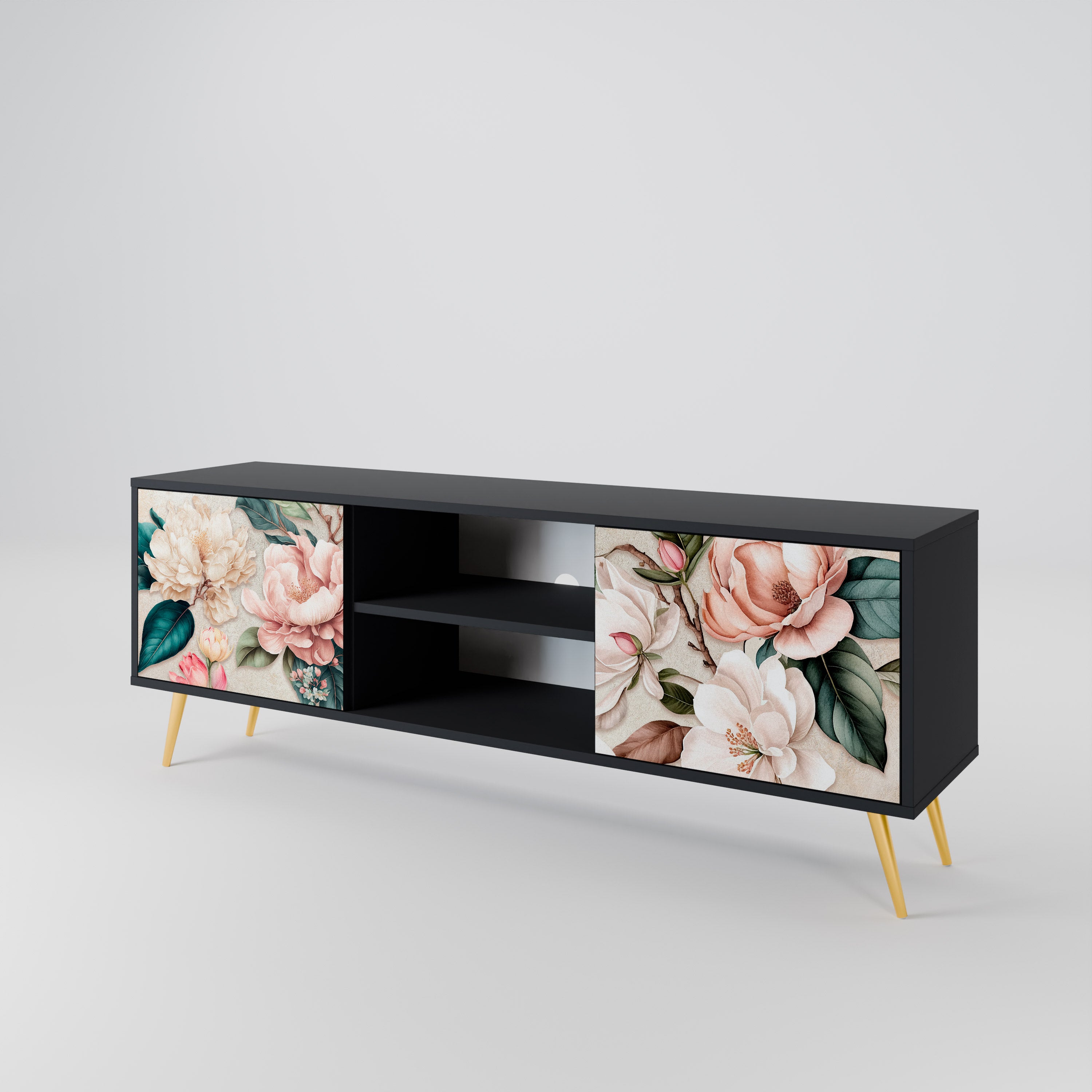 Βάση τηλεόρασης FLORAL GRACE με 2 πόρτες σε μαύρο φινίρισμα