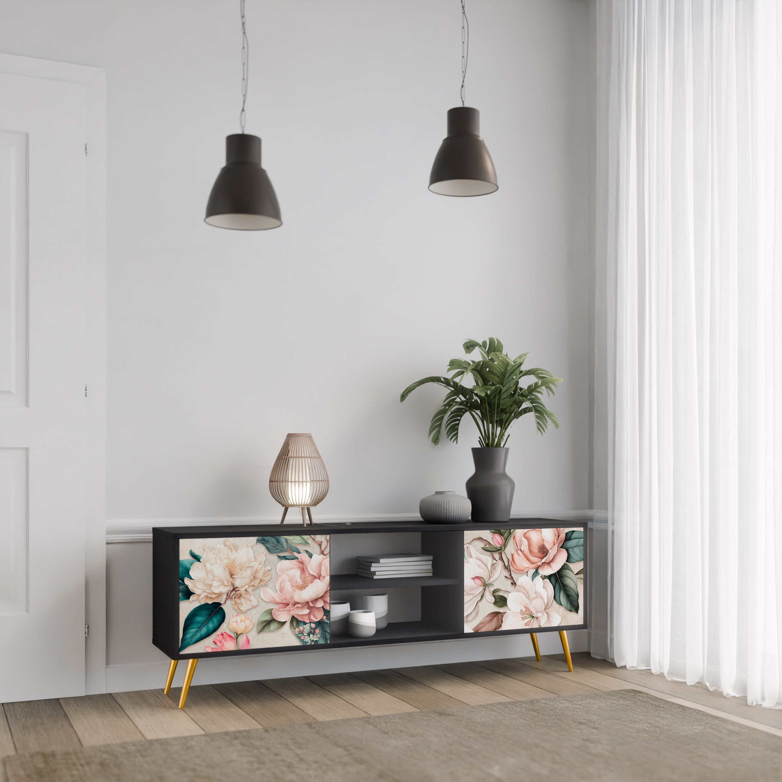 Βάση τηλεόρασης FLORAL GRACE με 2 πόρτες σε μαύρο φινίρισμα