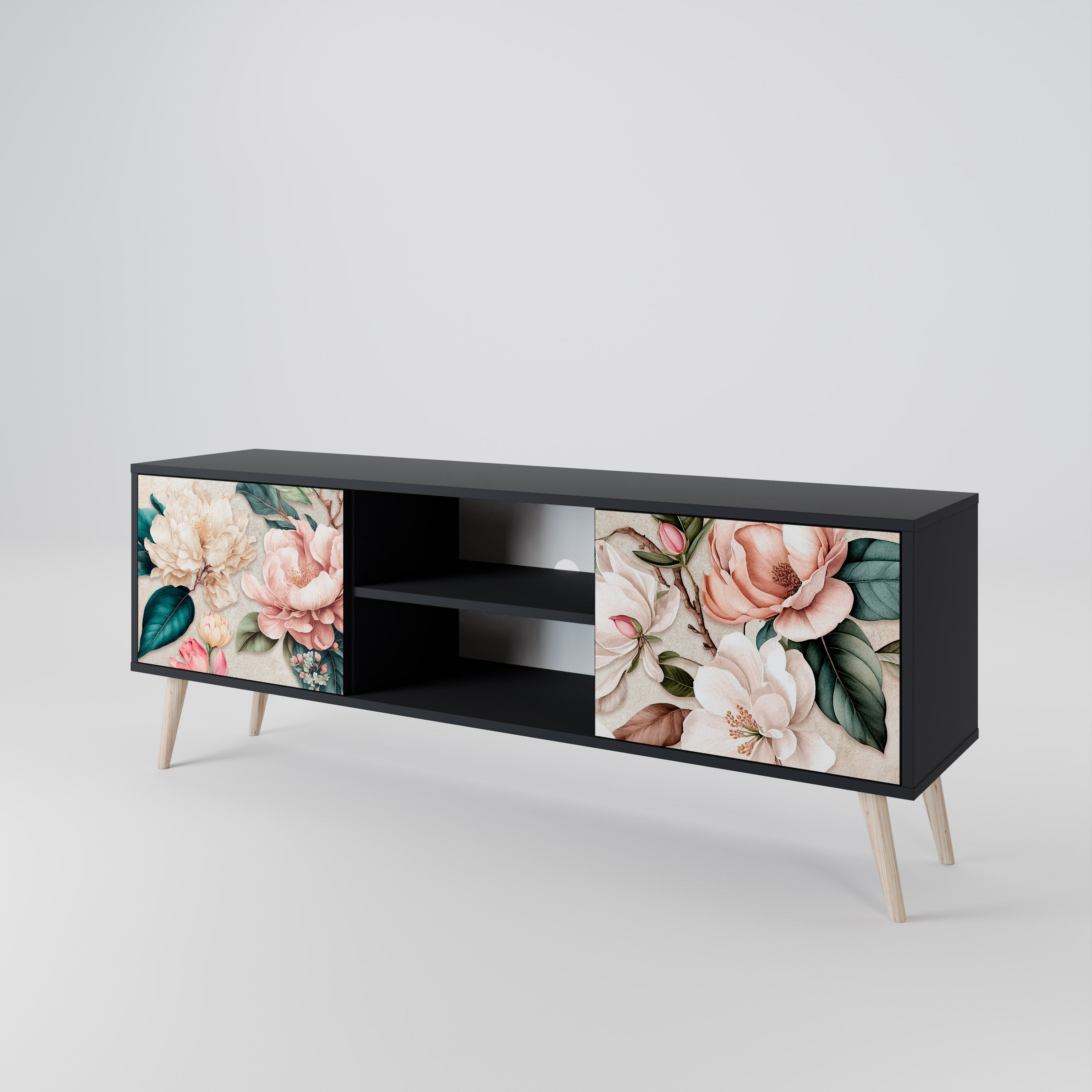 Βάση τηλεόρασης FLORAL GRACE με 2 πόρτες σε μαύρο φινίρισμα