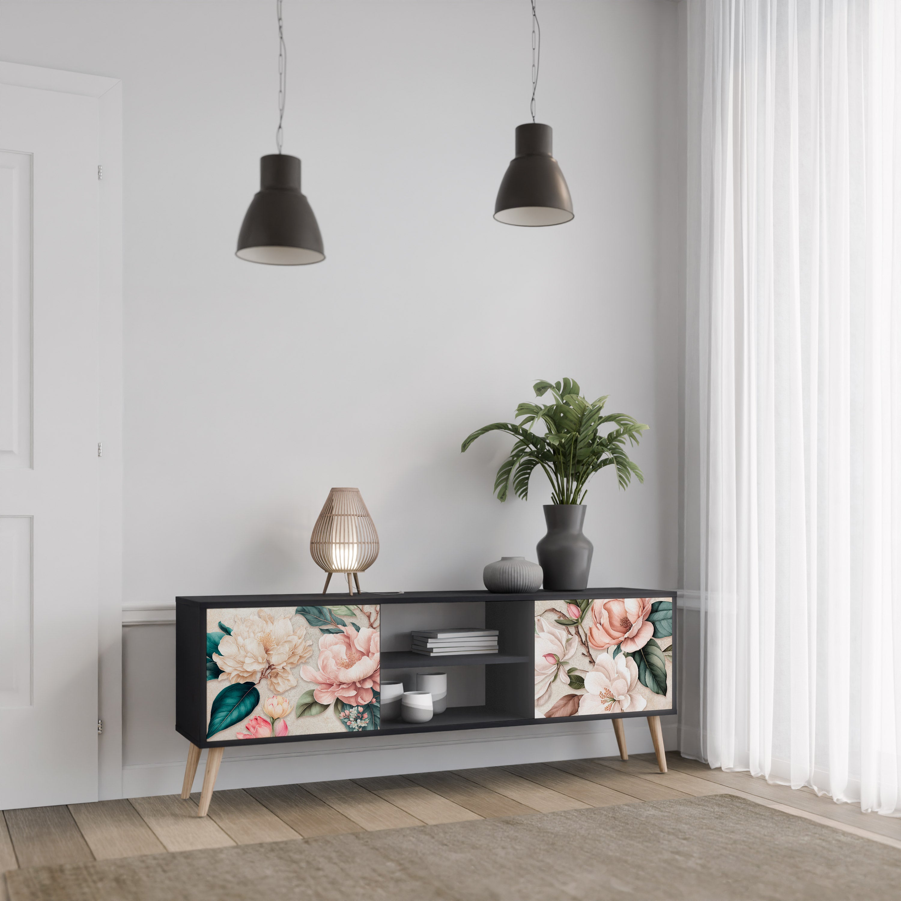 Βάση τηλεόρασης FLORAL GRACE με 2 πόρτες σε μαύρο φινίρισμα