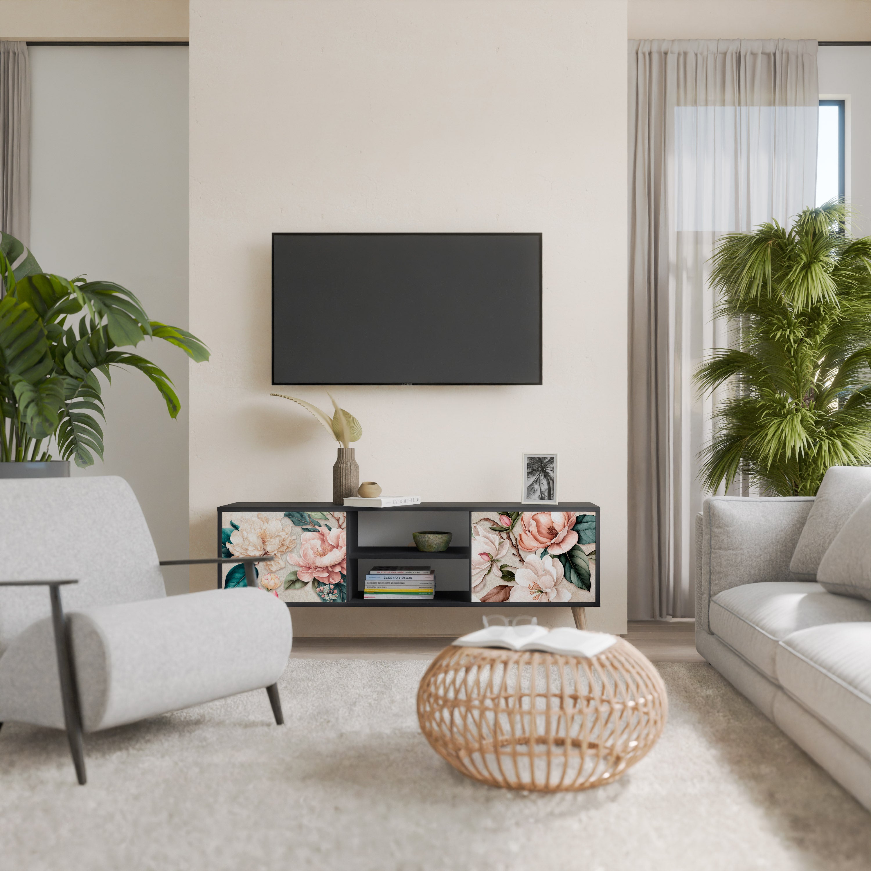 Βάση τηλεόρασης FLORAL GRACE με 2 πόρτες σε μαύρο φινίρισμα