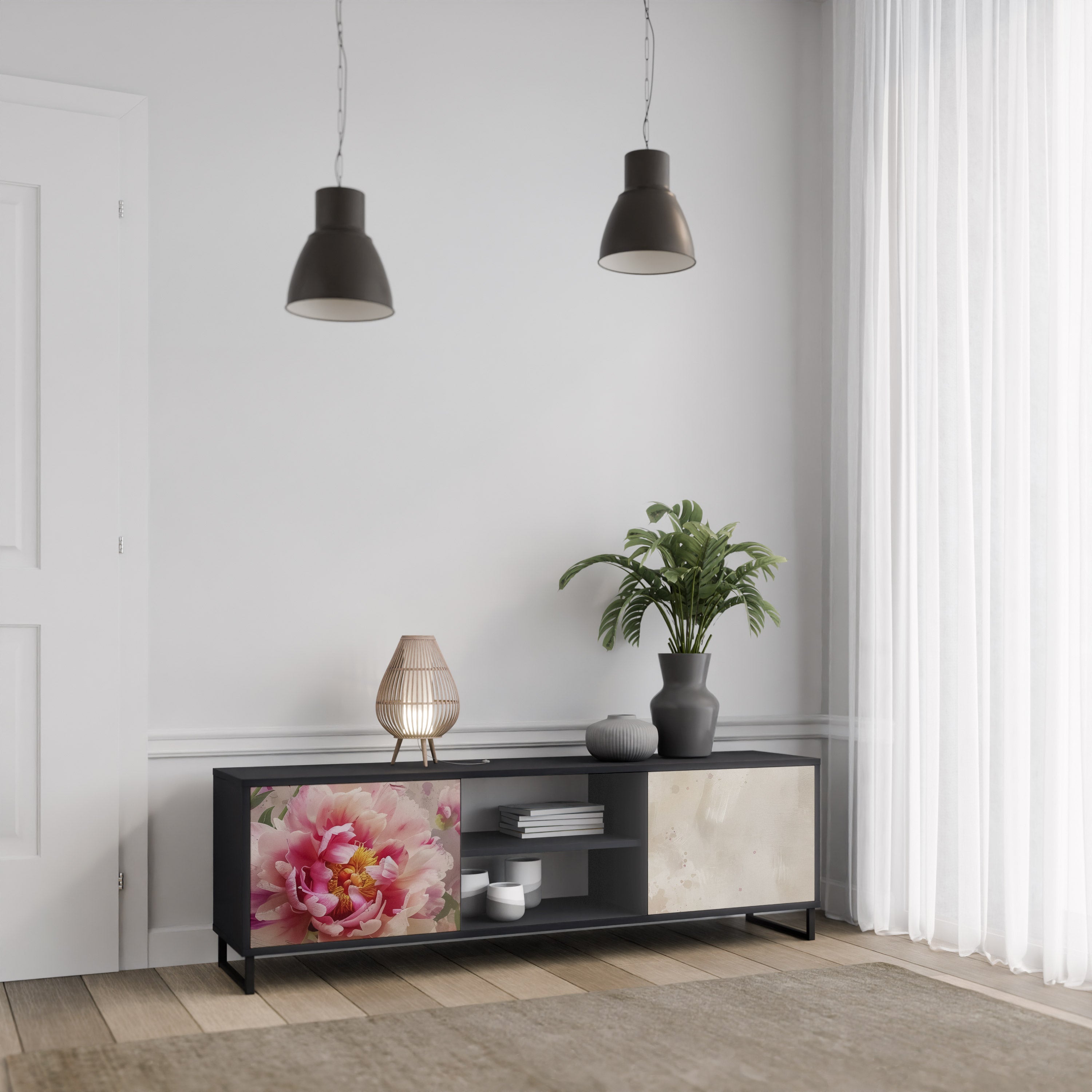 PEONY WHISPER Έπιπλο τηλεόρασης 2 θυρών σε μαύρο φινίρισμα