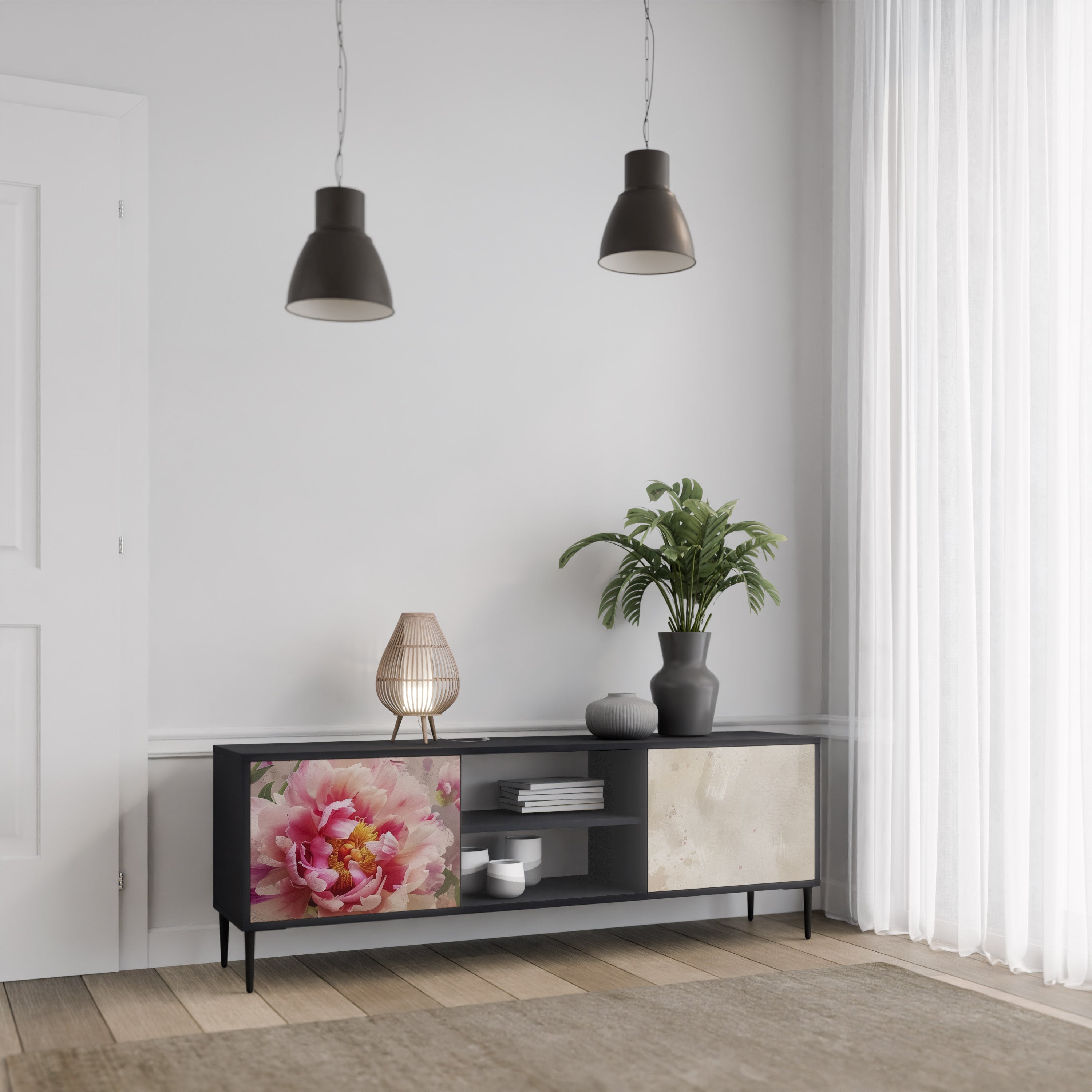 PEONY WHISPER Έπιπλο τηλεόρασης 2 θυρών σε μαύρο φινίρισμα