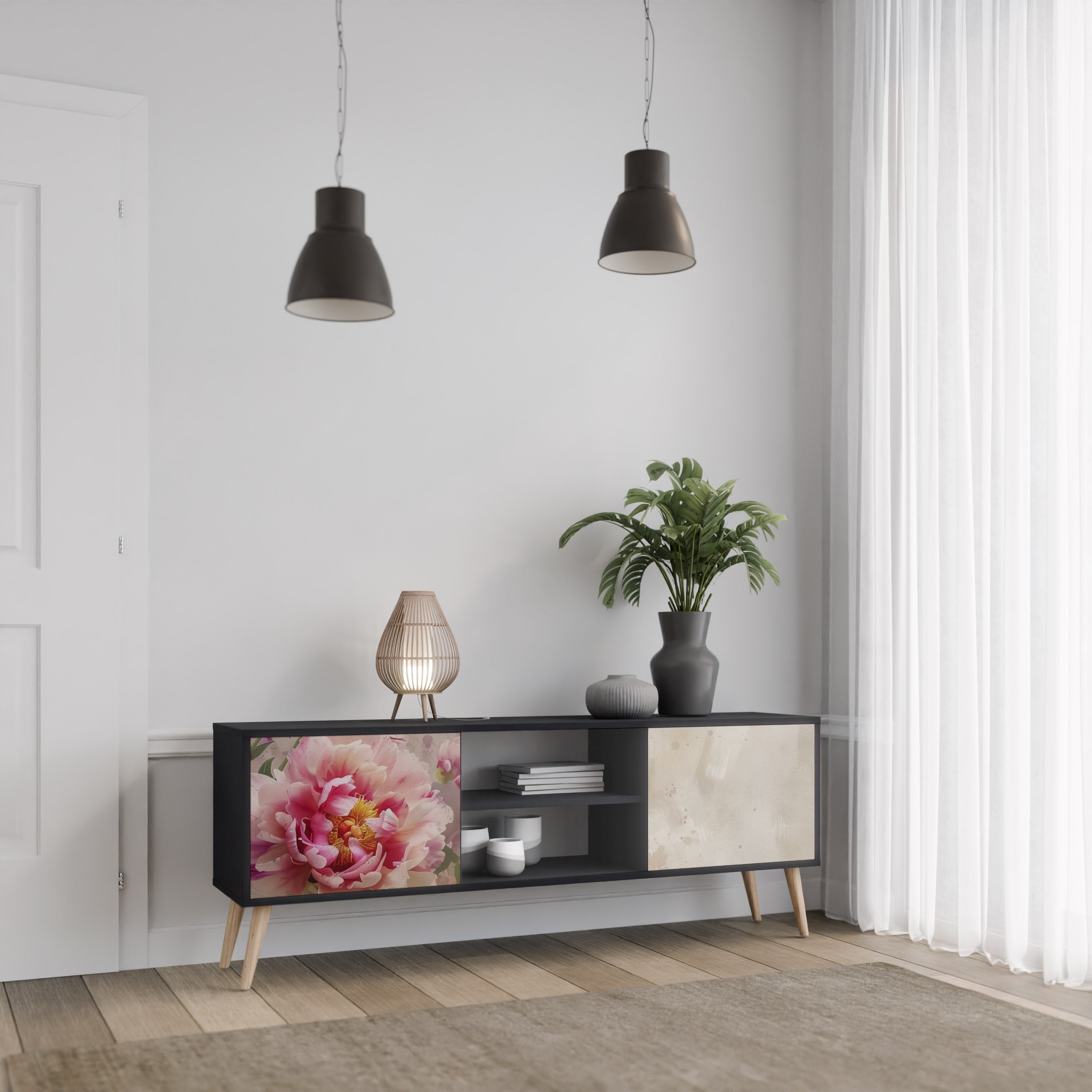 PEONY WHISPER Έπιπλο τηλεόρασης 2 θυρών σε μαύρο φινίρισμα