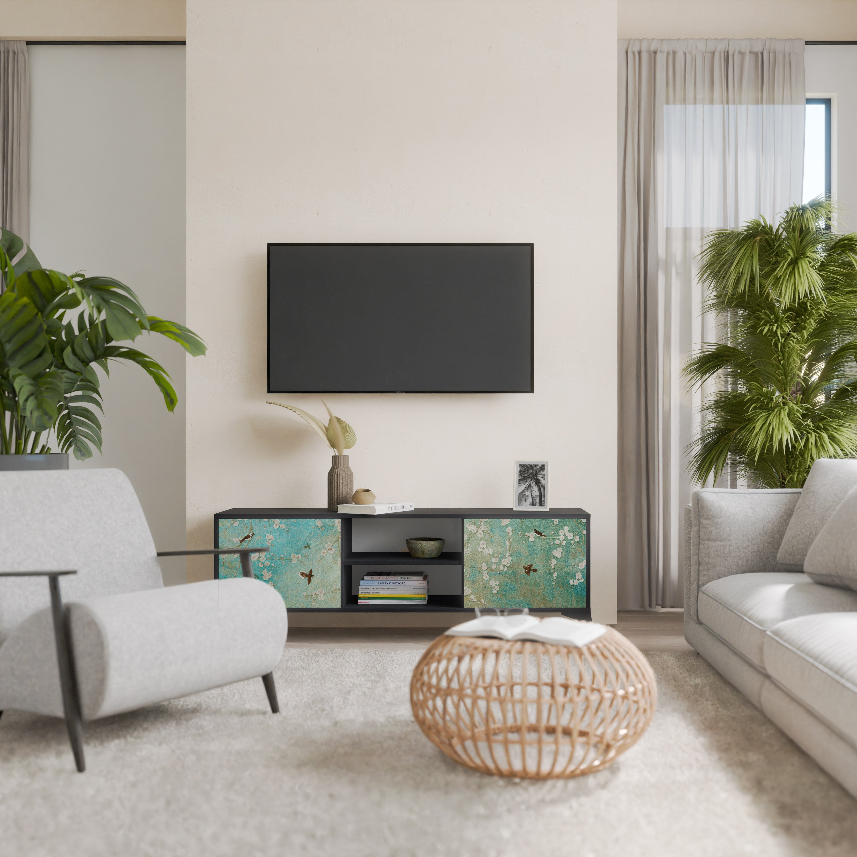 Βάση τηλεόρασης BLOOMING CHARM με 2 πόρτες σε μαύρο φινίρισμα