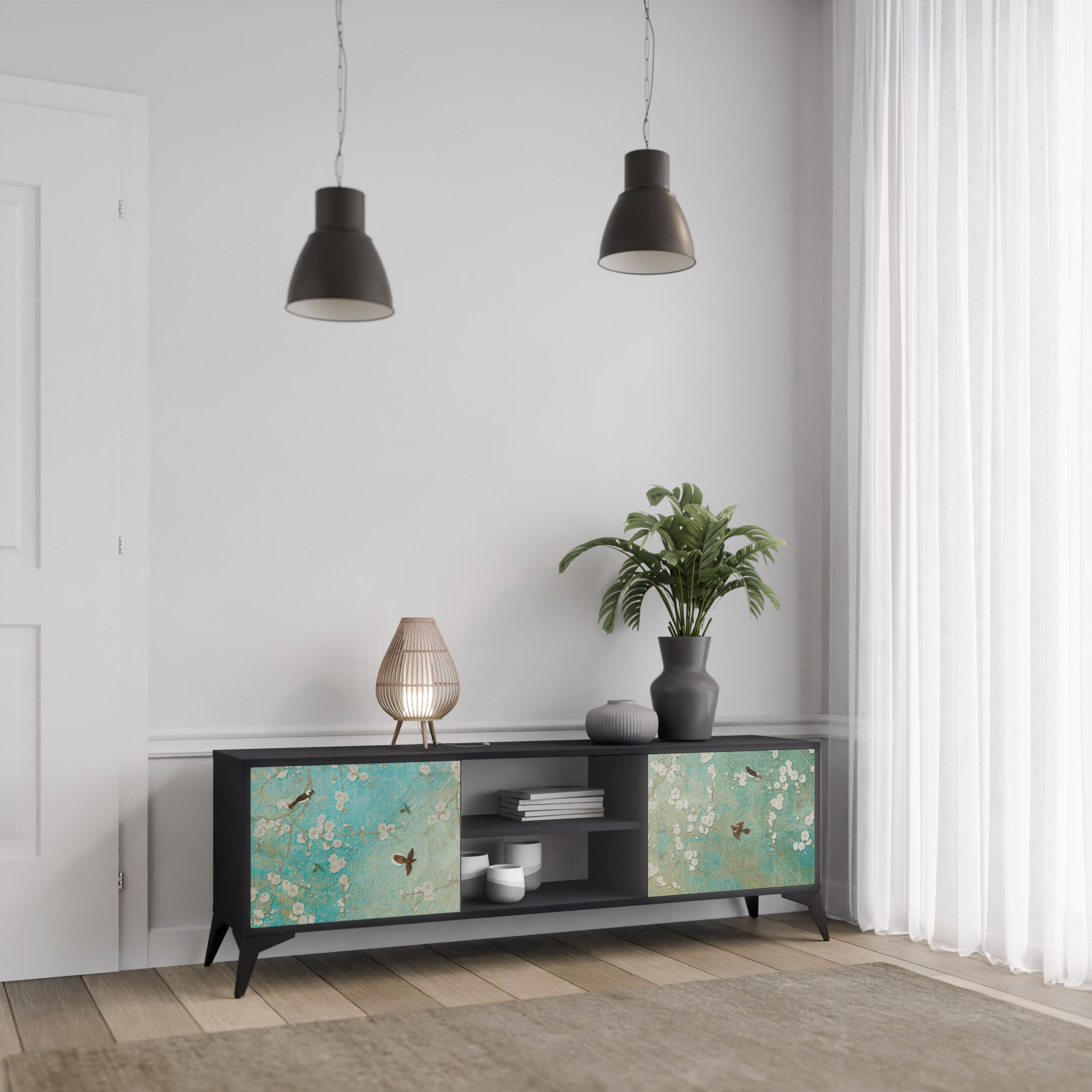 Βάση τηλεόρασης BLOOMING CHARM με 2 πόρτες σε μαύρο φινίρισμα