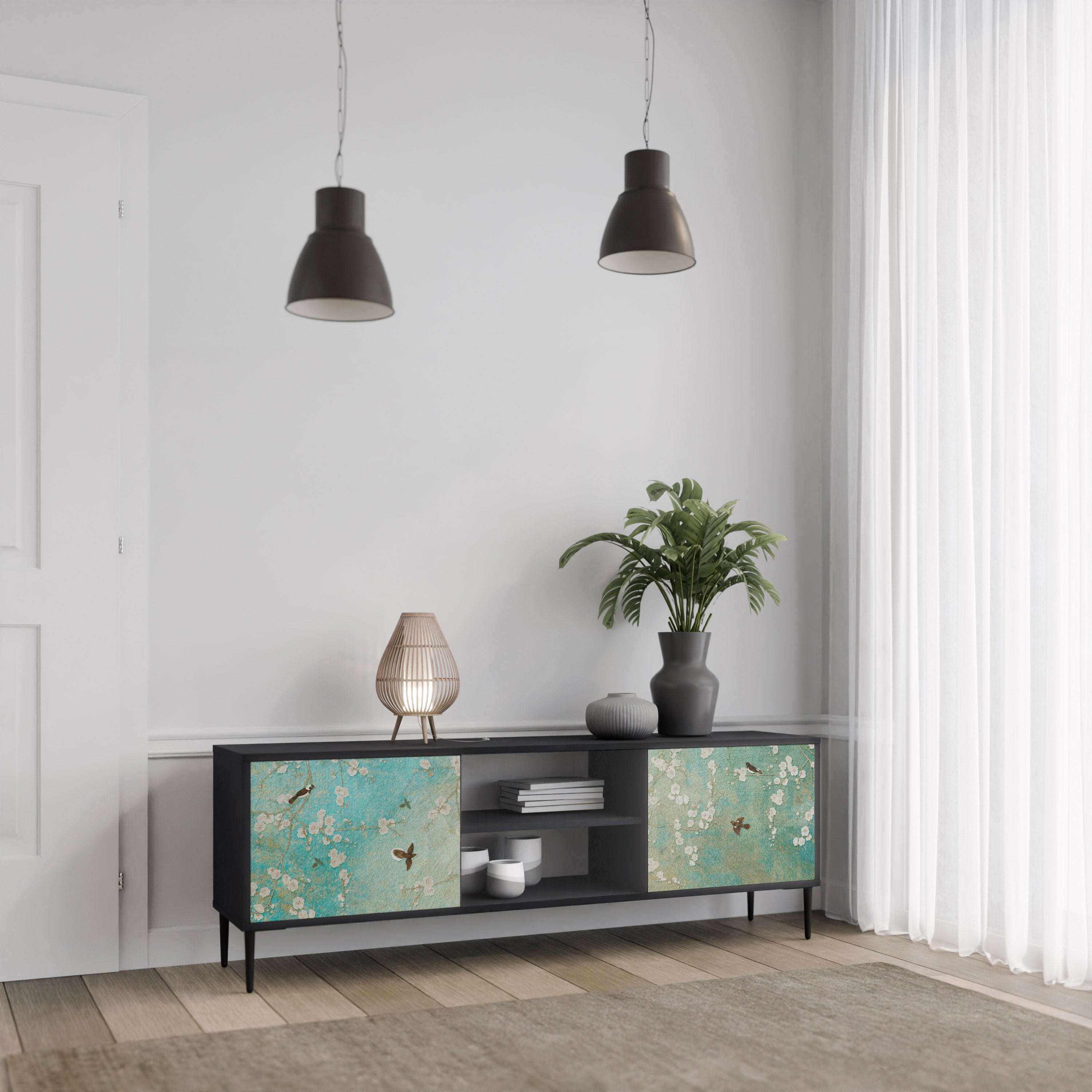 Βάση τηλεόρασης BLOOMING CHARM με 2 πόρτες σε μαύρο φινίρισμα