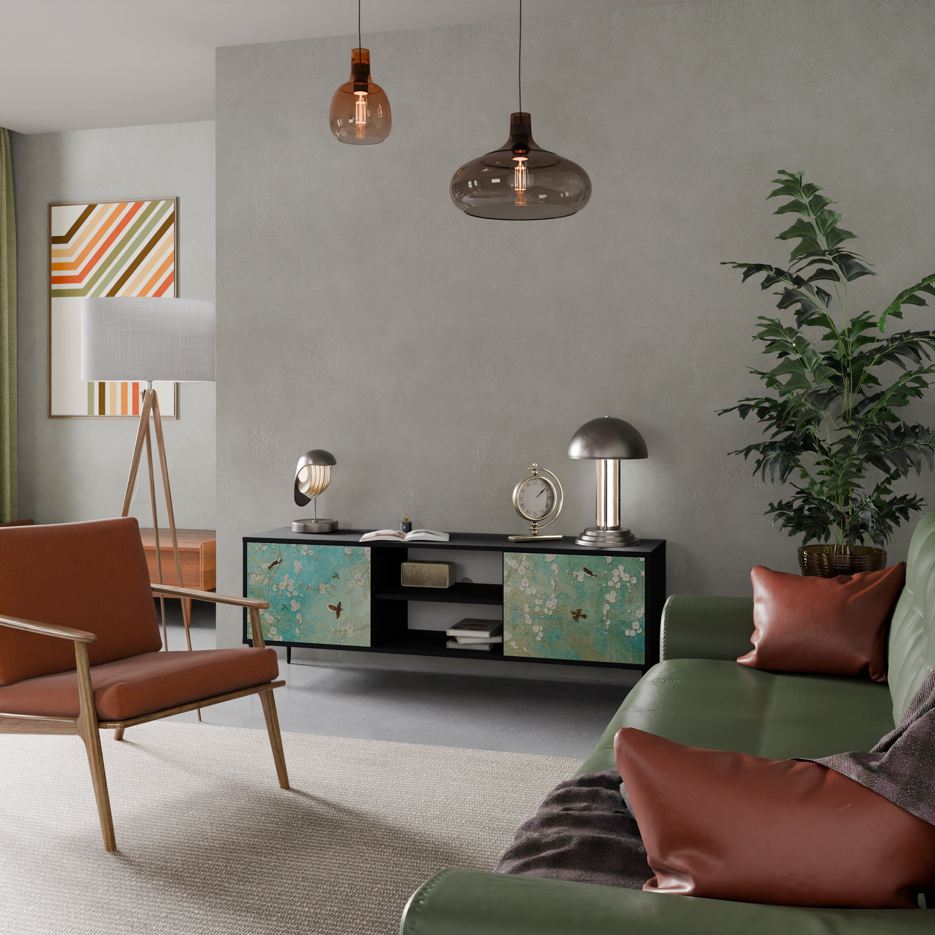 Βάση τηλεόρασης BLOOMING CHARM με 2 πόρτες σε μαύρο φινίρισμα