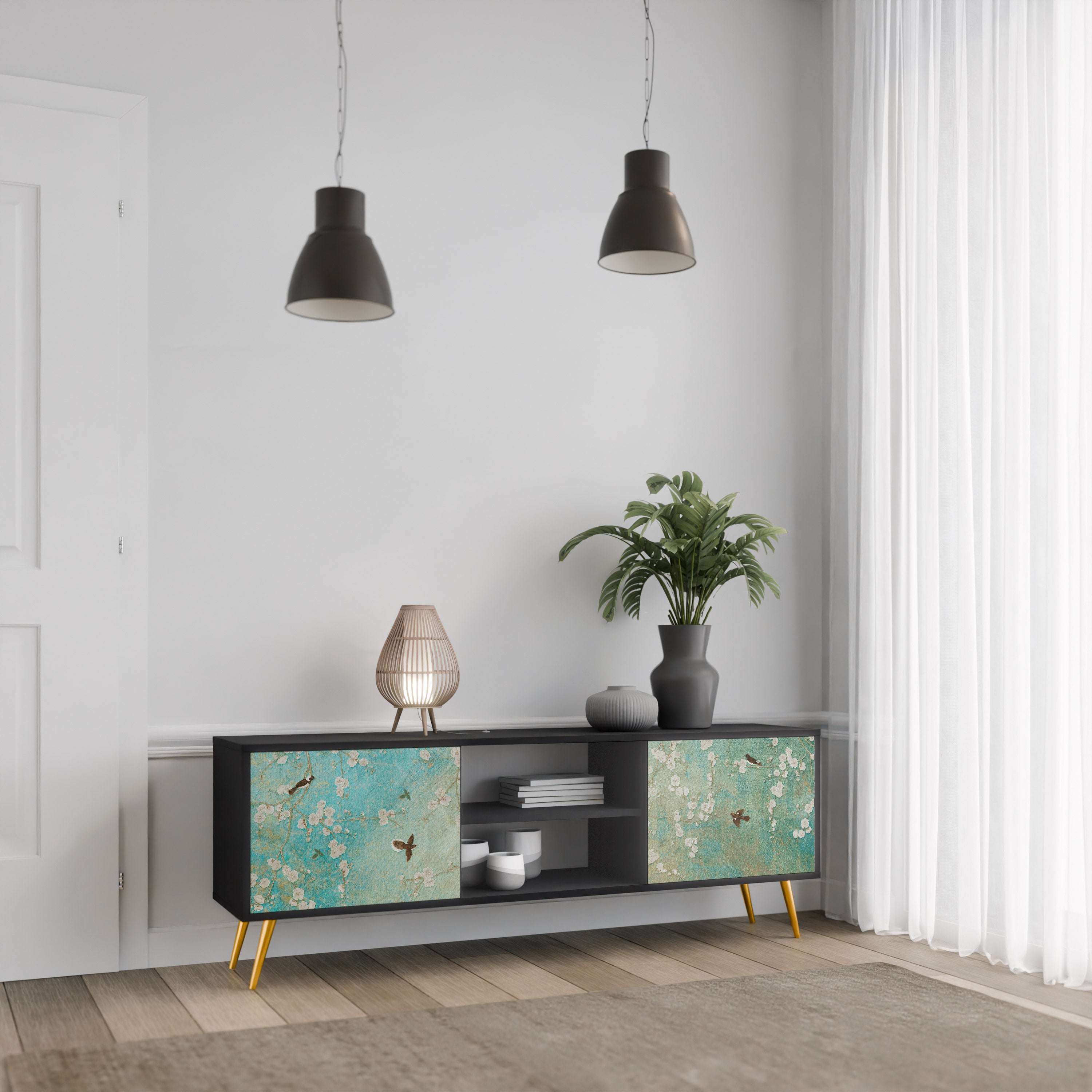 Βάση τηλεόρασης BLOOMING CHARM με 2 πόρτες σε μαύρο φινίρισμα