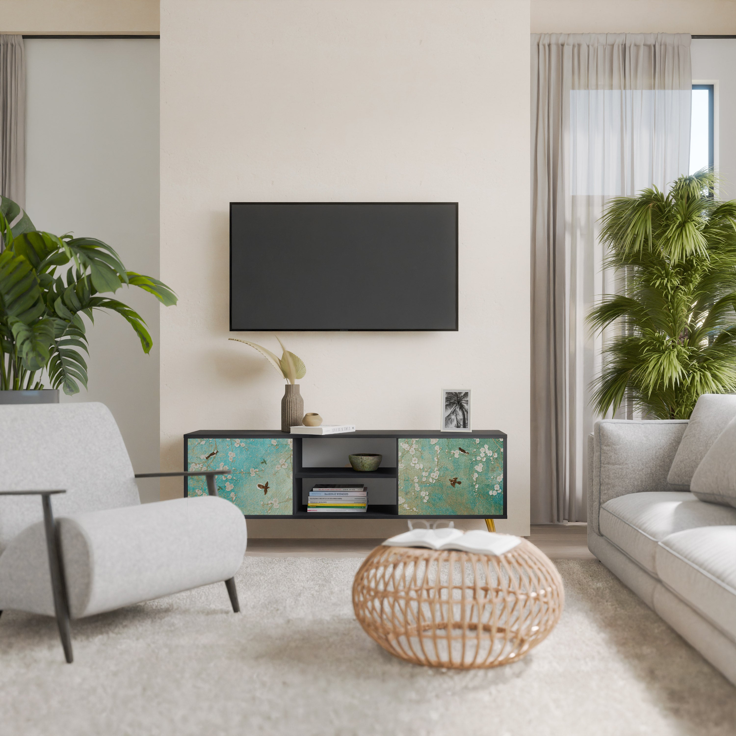 Βάση τηλεόρασης BLOOMING CHARM με 2 πόρτες σε μαύρο φινίρισμα