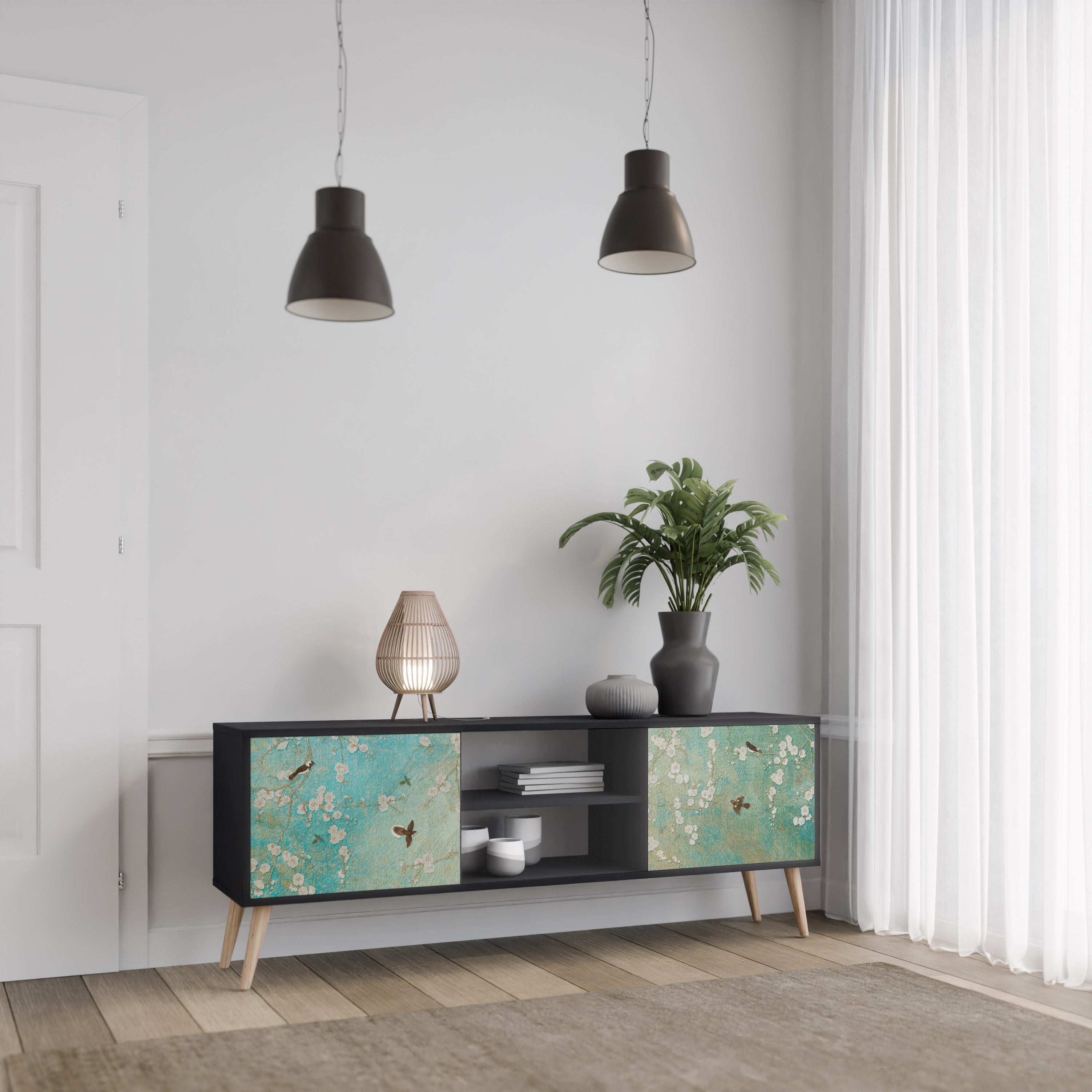 Βάση τηλεόρασης BLOOMING CHARM με 2 πόρτες σε μαύρο φινίρισμα