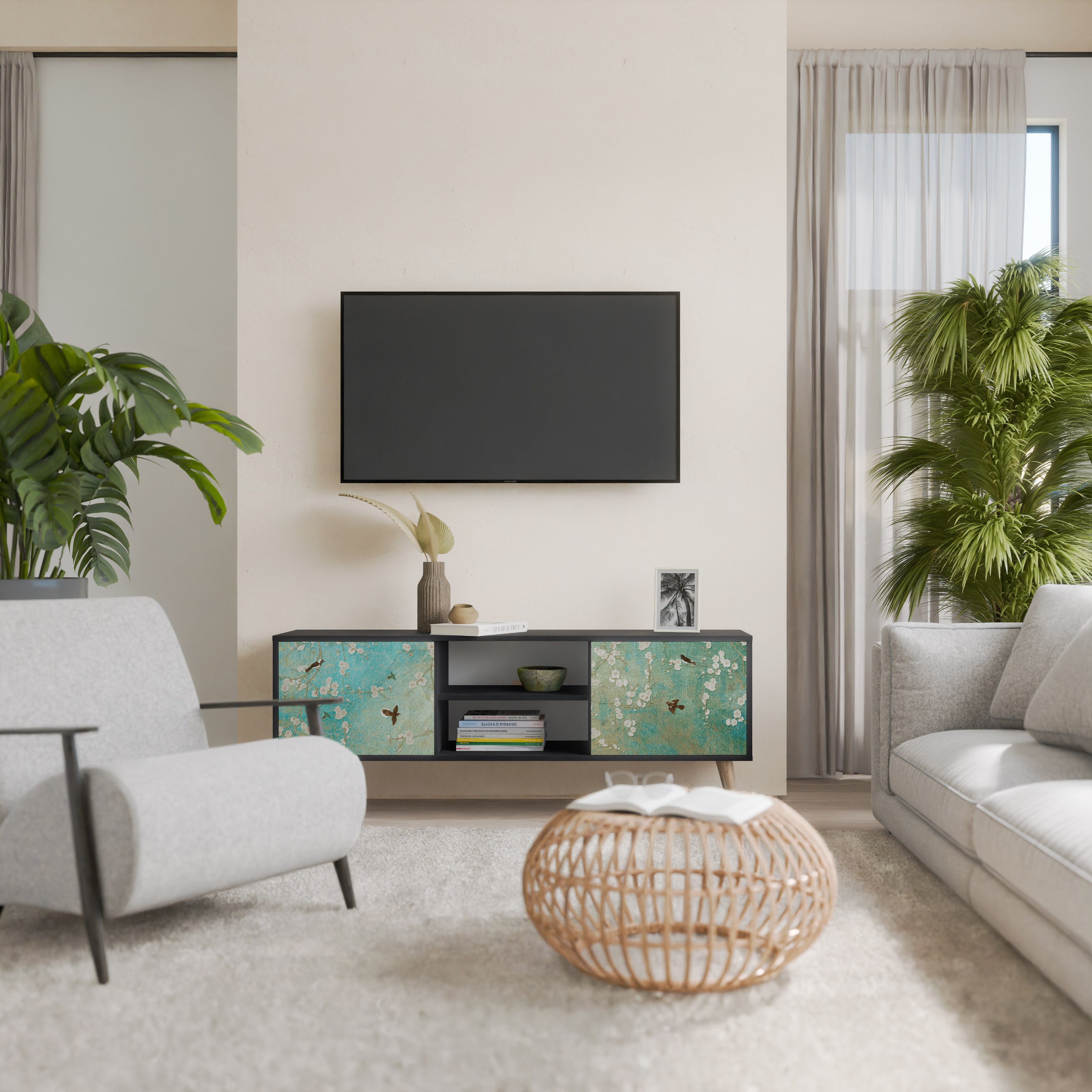 Βάση τηλεόρασης BLOOMING CHARM με 2 πόρτες σε μαύρο φινίρισμα