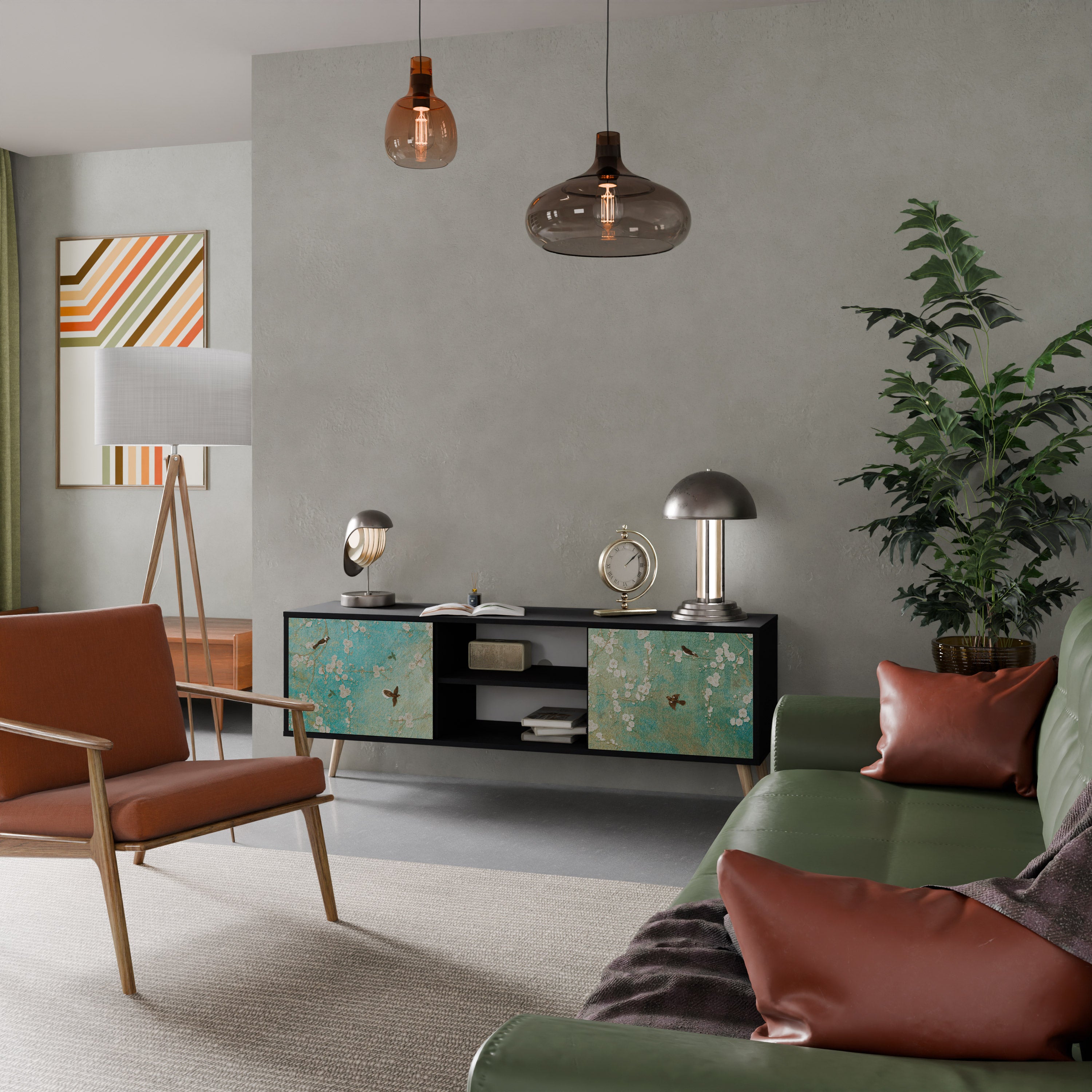 Βάση τηλεόρασης BLOOMING CHARM με 2 πόρτες σε μαύρο φινίρισμα