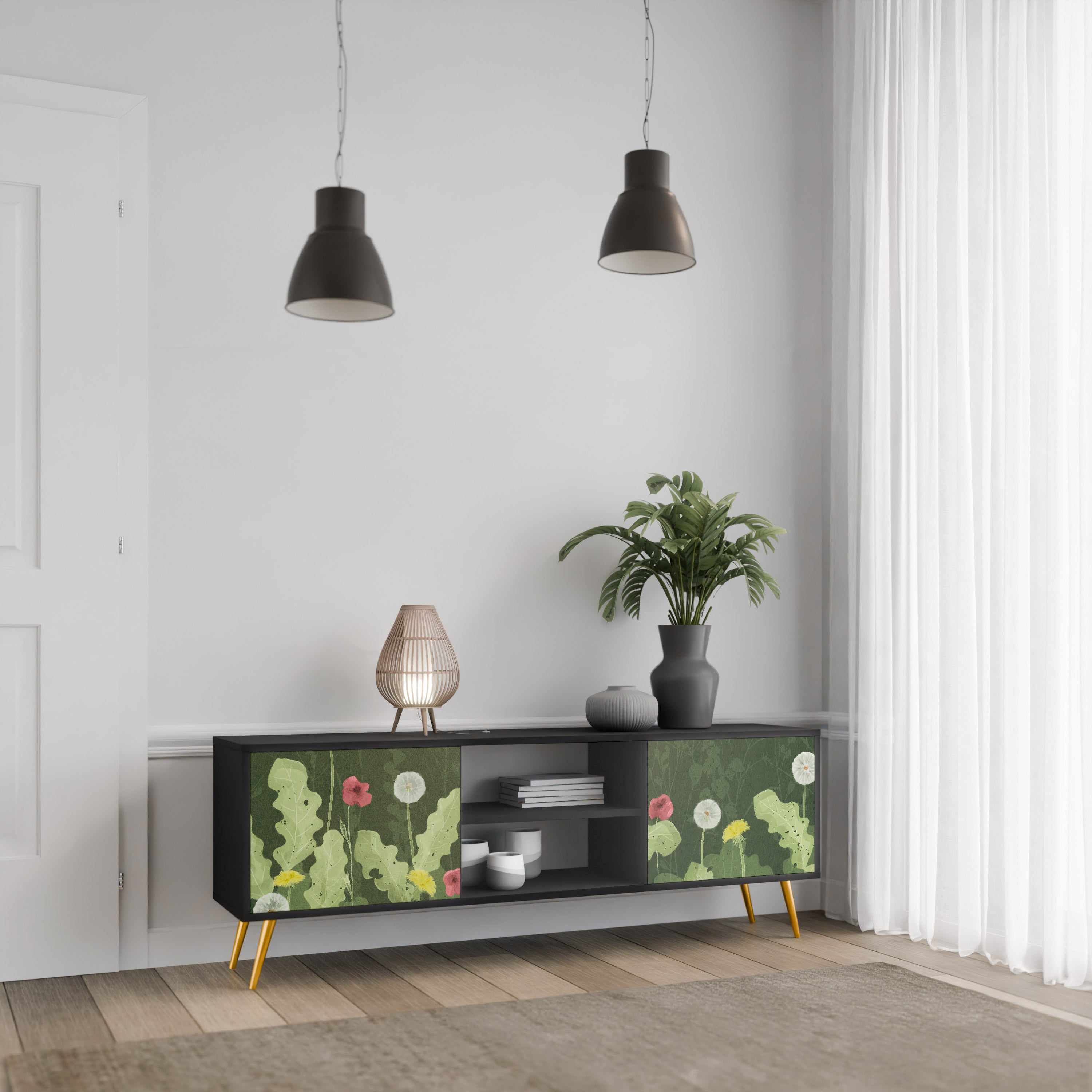 Βάση τηλεόρασης DANDELION AMUSE με 2 πόρτες σε μαύρο φινίρισμα