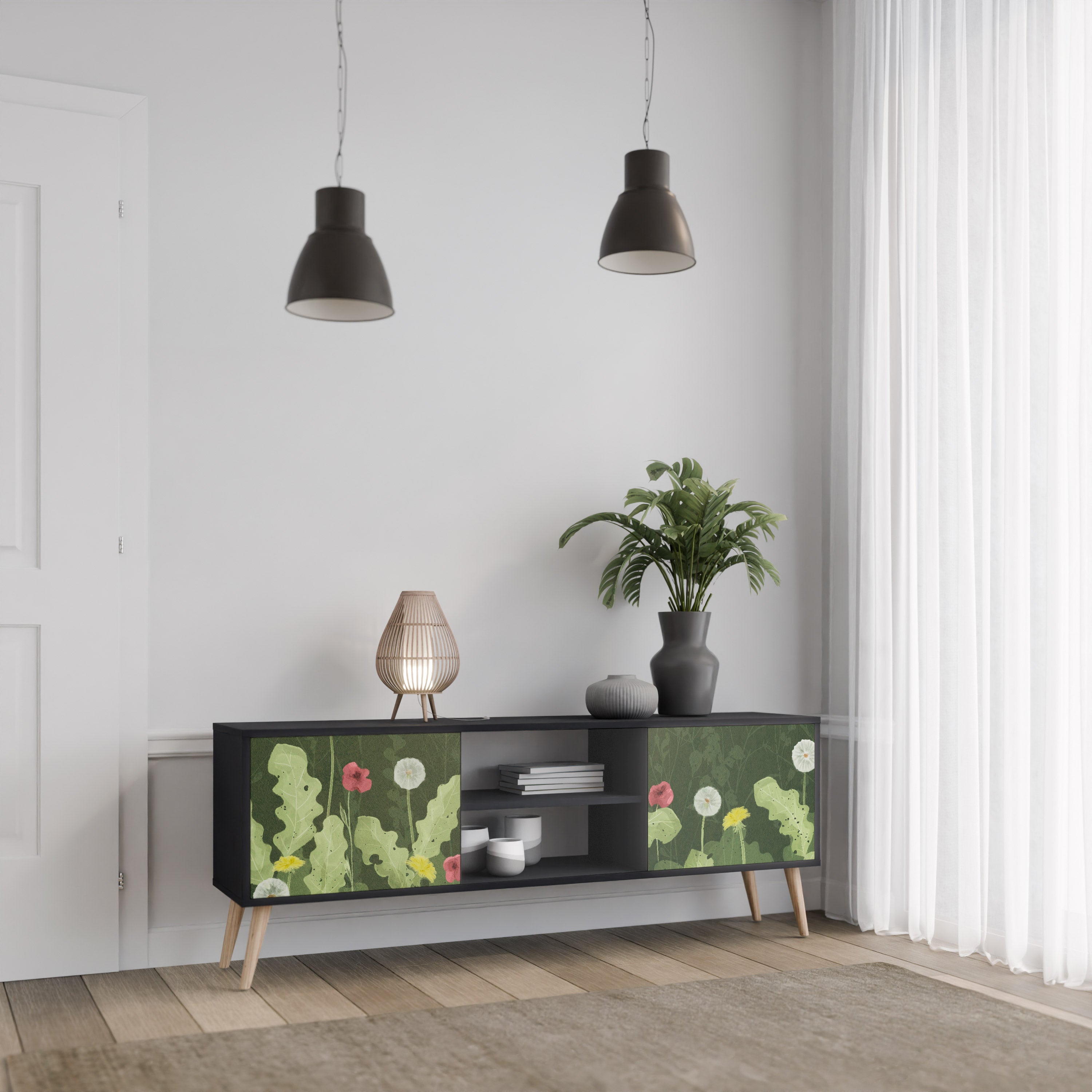 Βάση τηλεόρασης DANDELION AMUSE με 2 πόρτες σε μαύρο φινίρισμα