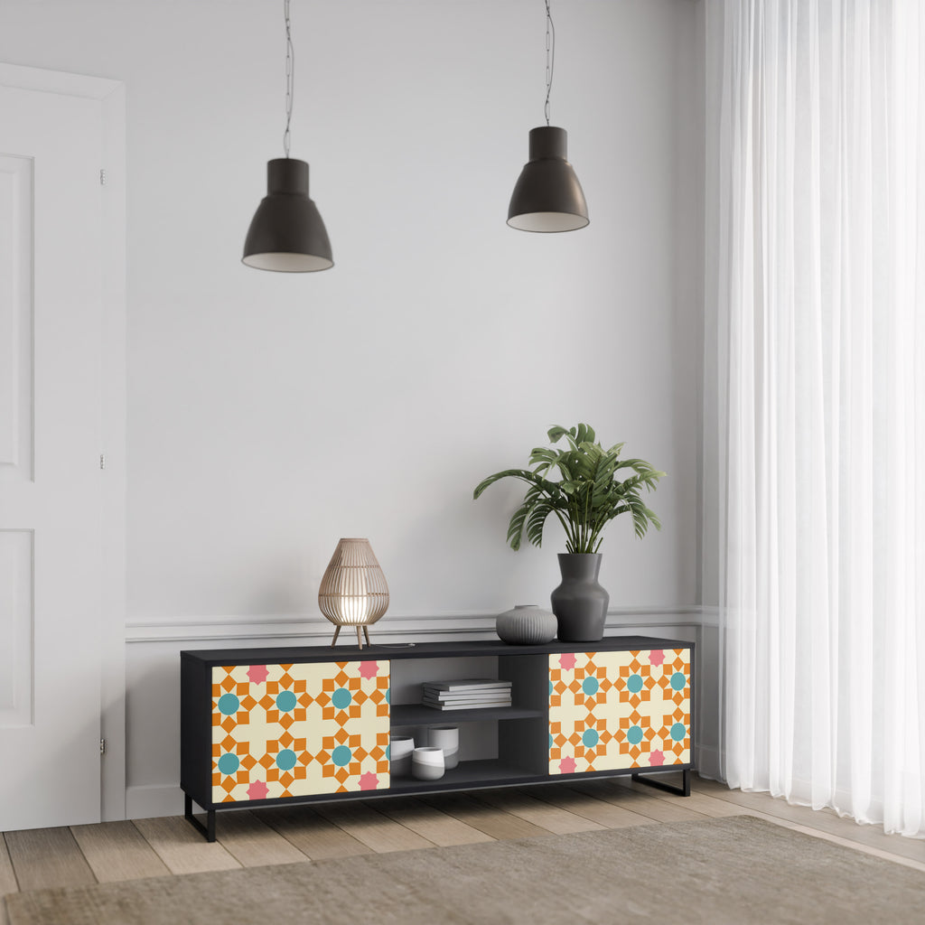 Βάση τηλεόρασης FLORAL DECOR με 2 πόρτες σε μαύρο φινίρισμα