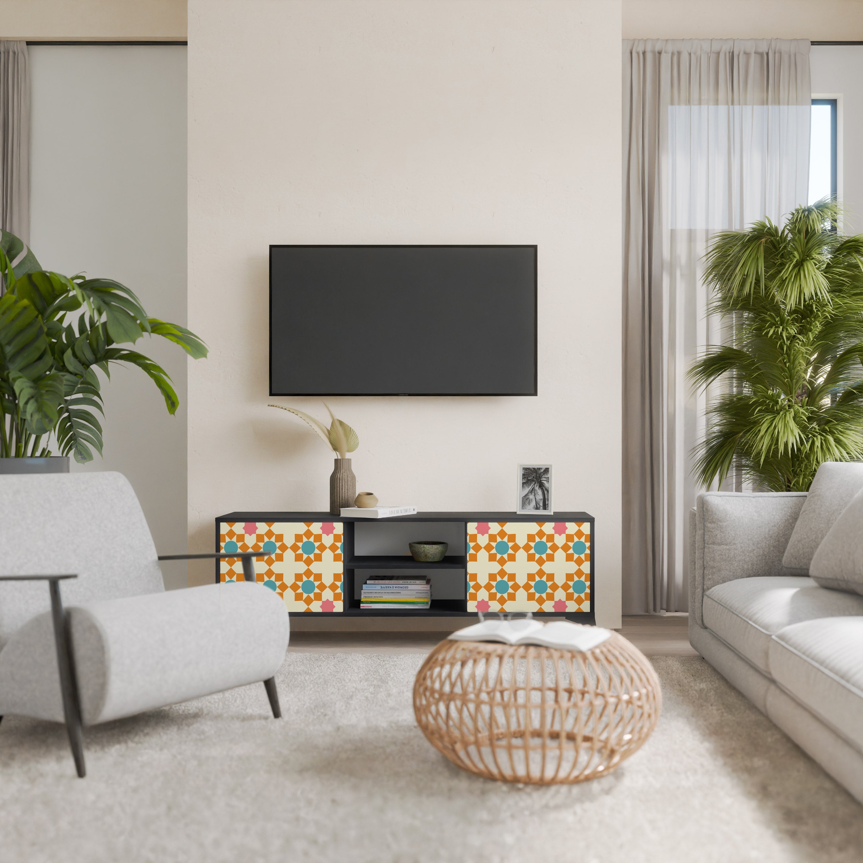 Βάση τηλεόρασης FLORAL DECOR με 2 πόρτες σε μαύρο φινίρισμα