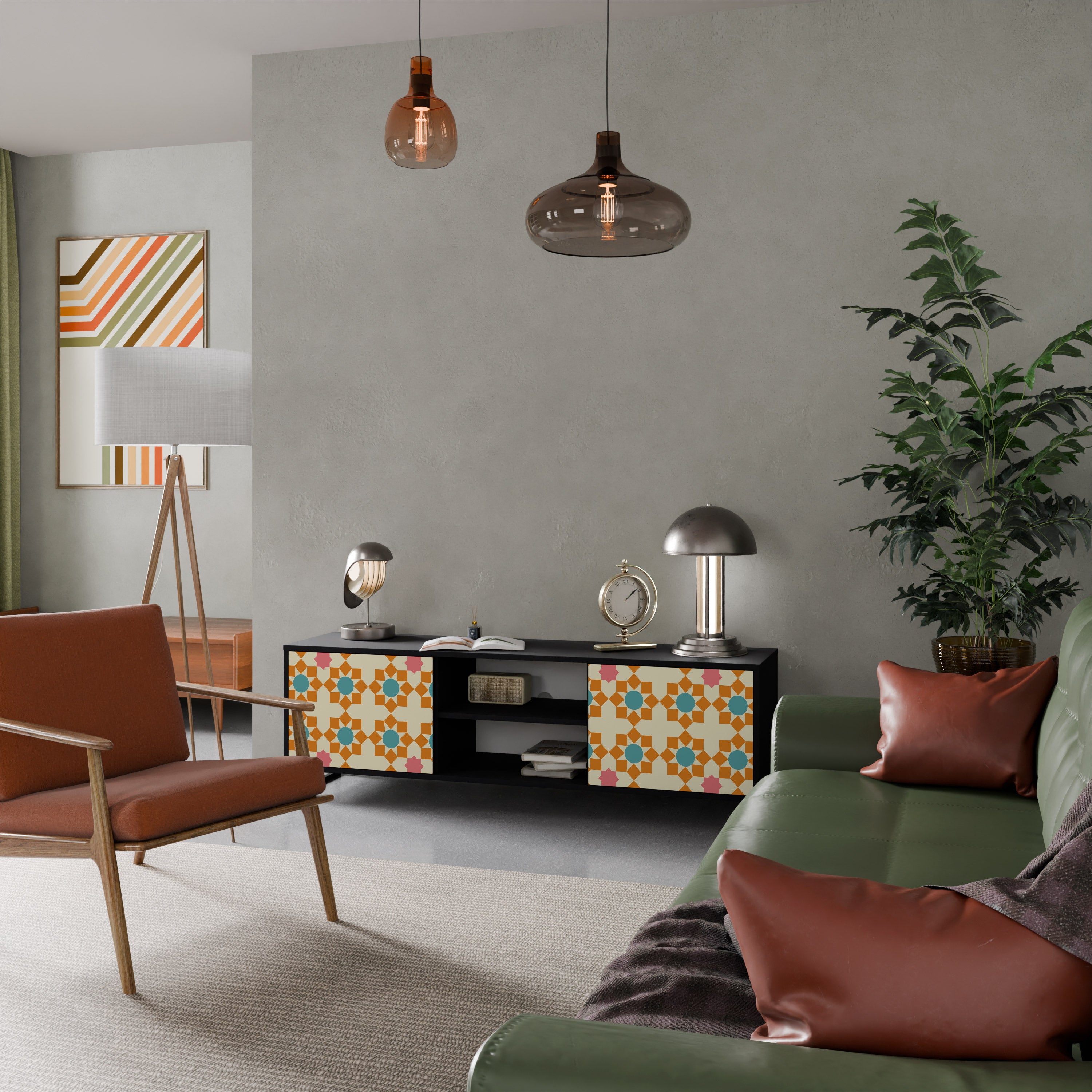 Βάση τηλεόρασης FLORAL DECOR με 2 πόρτες σε μαύρο φινίρισμα