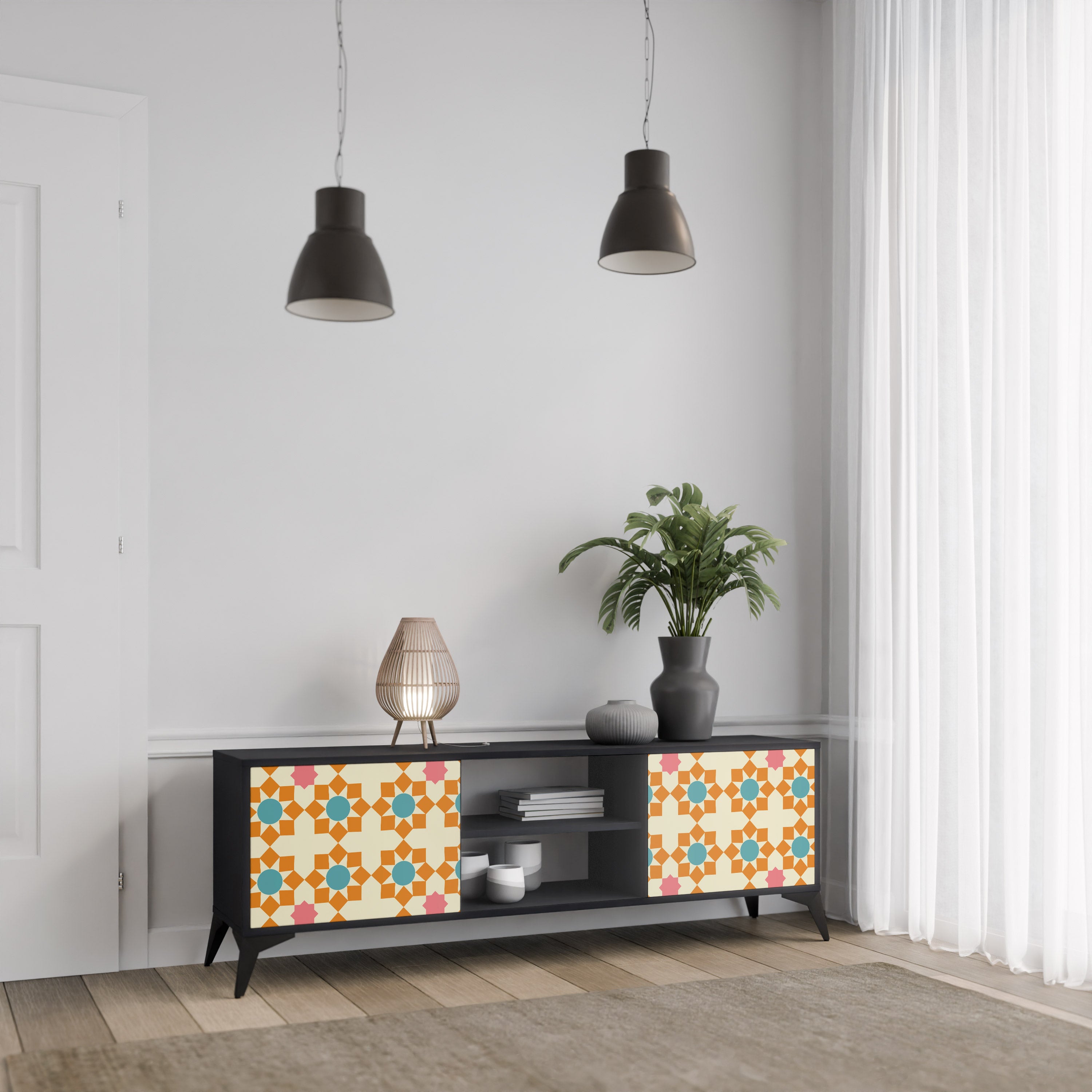 Βάση τηλεόρασης FLORAL DECOR με 2 πόρτες σε μαύρο φινίρισμα