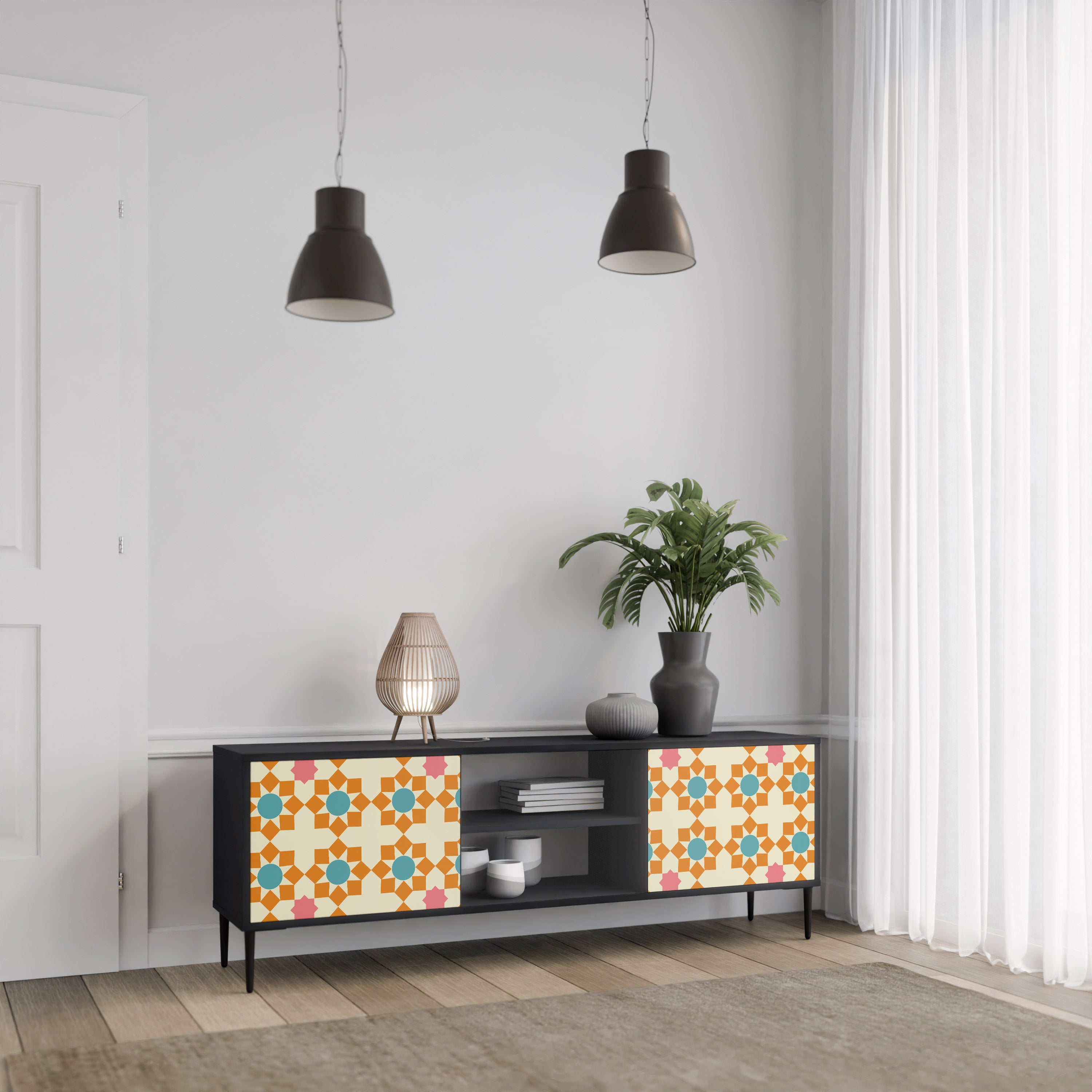 Βάση τηλεόρασης FLORAL DECOR με 2 πόρτες σε μαύρο φινίρισμα
