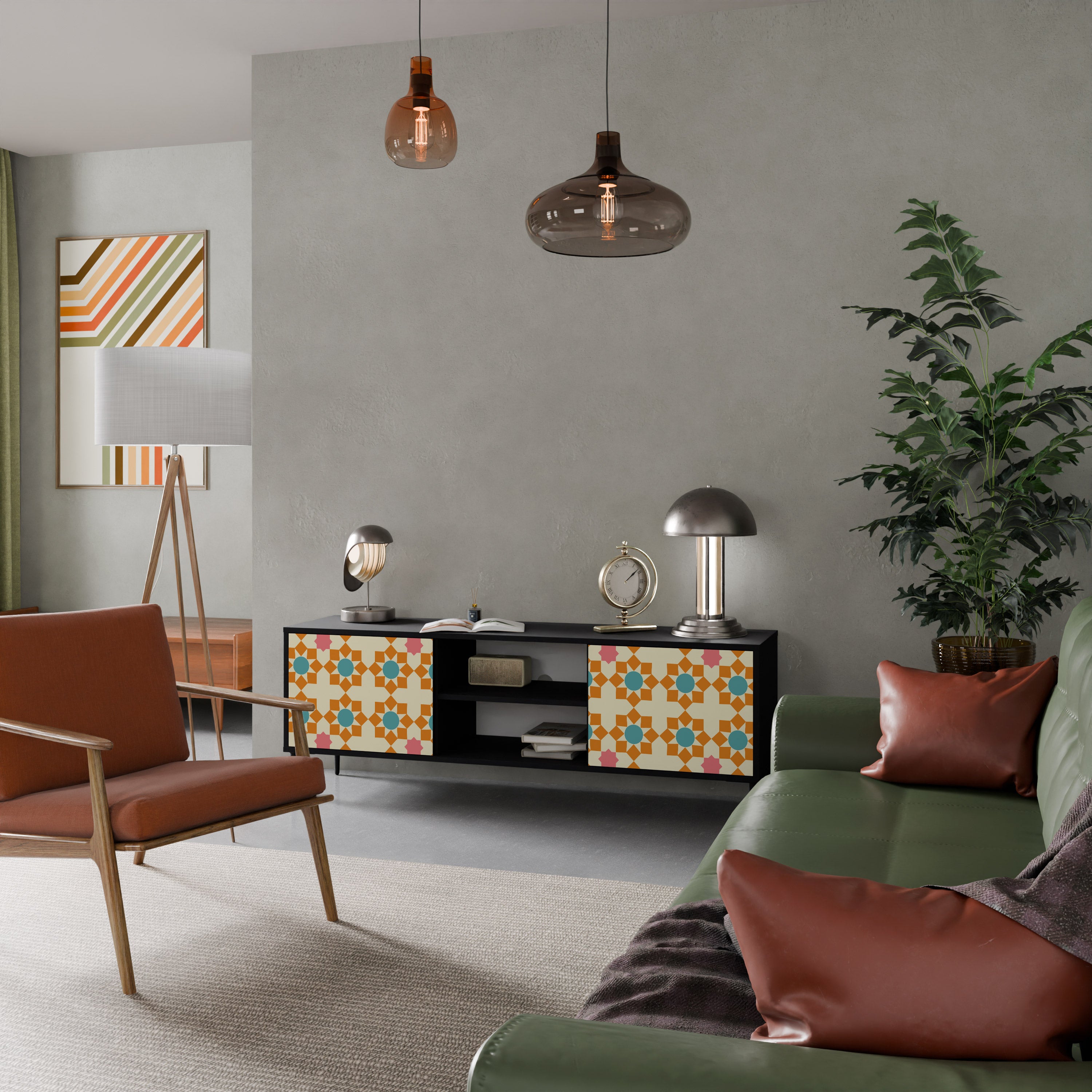 Βάση τηλεόρασης FLORAL DECOR με 2 πόρτες σε μαύρο φινίρισμα