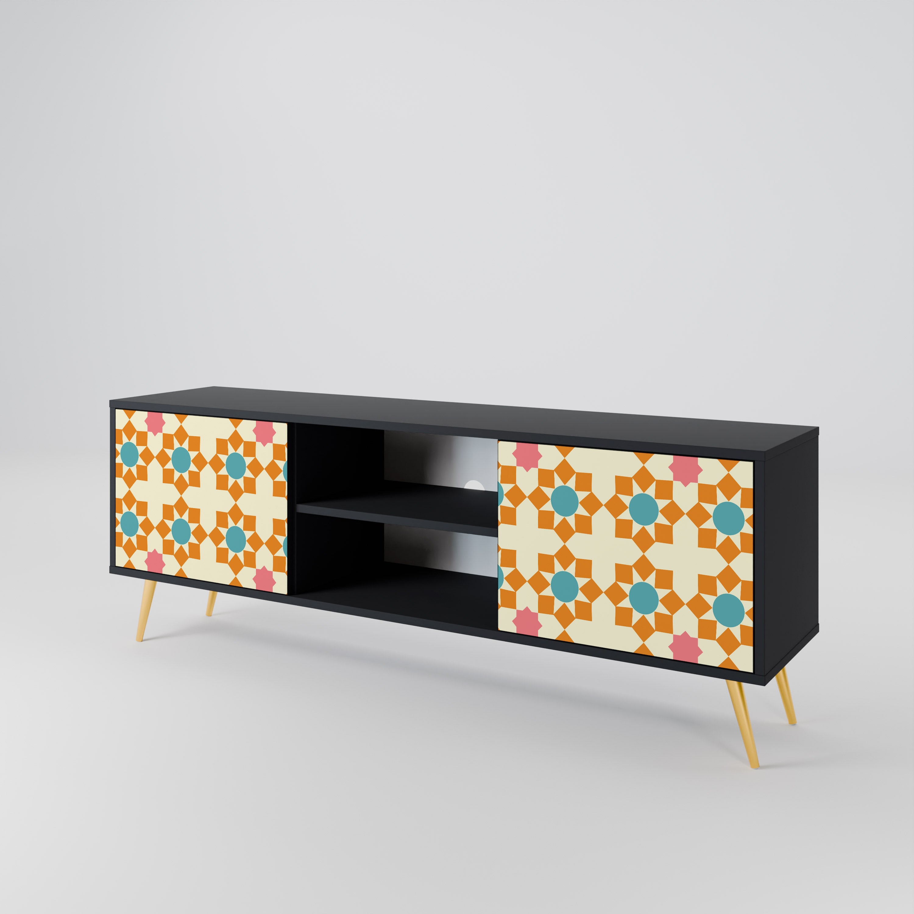 Βάση τηλεόρασης FLORAL DECOR με 2 πόρτες σε μαύρο φινίρισμα