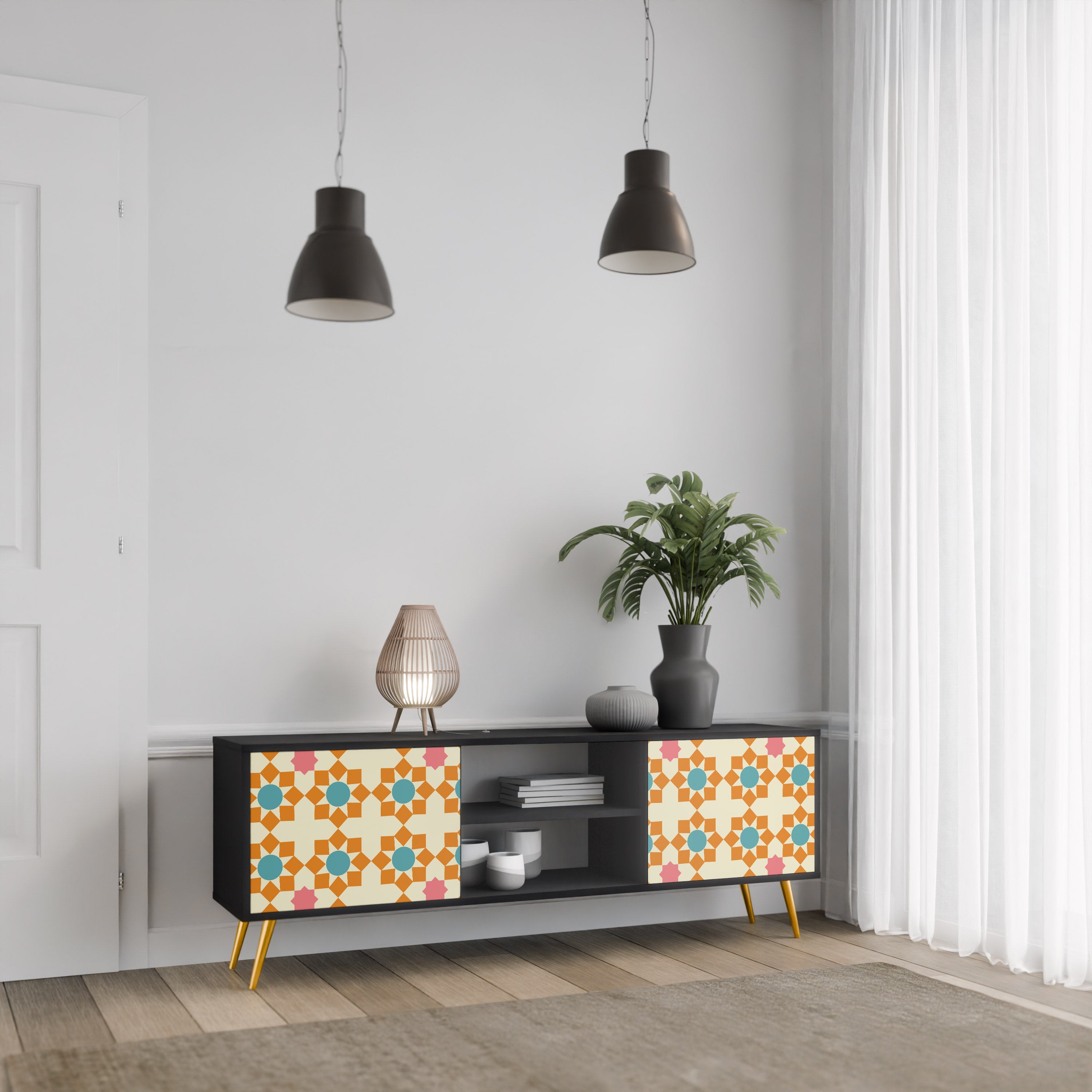 Βάση τηλεόρασης FLORAL DECOR με 2 πόρτες σε μαύρο φινίρισμα