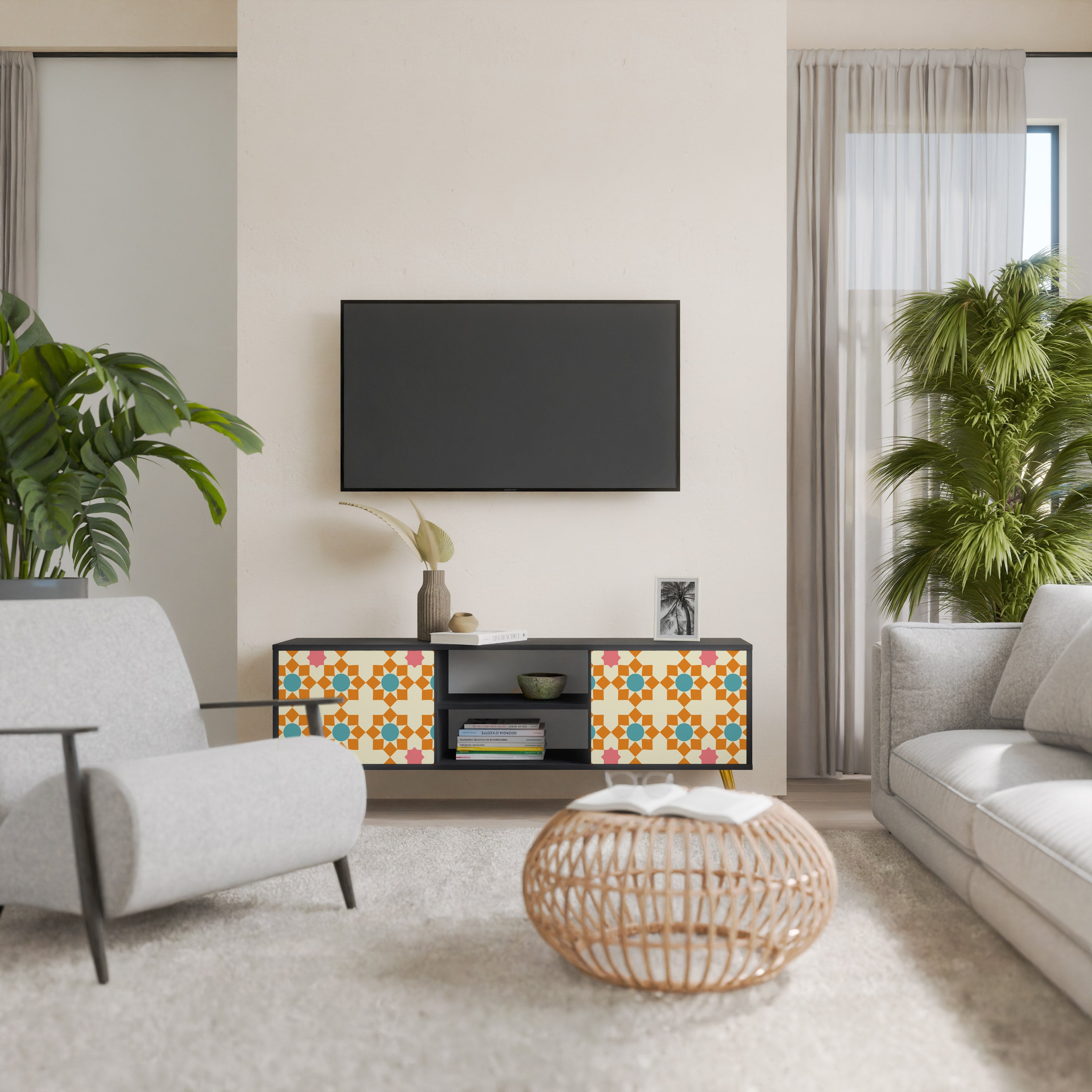 Βάση τηλεόρασης FLORAL DECOR με 2 πόρτες σε μαύρο φινίρισμα