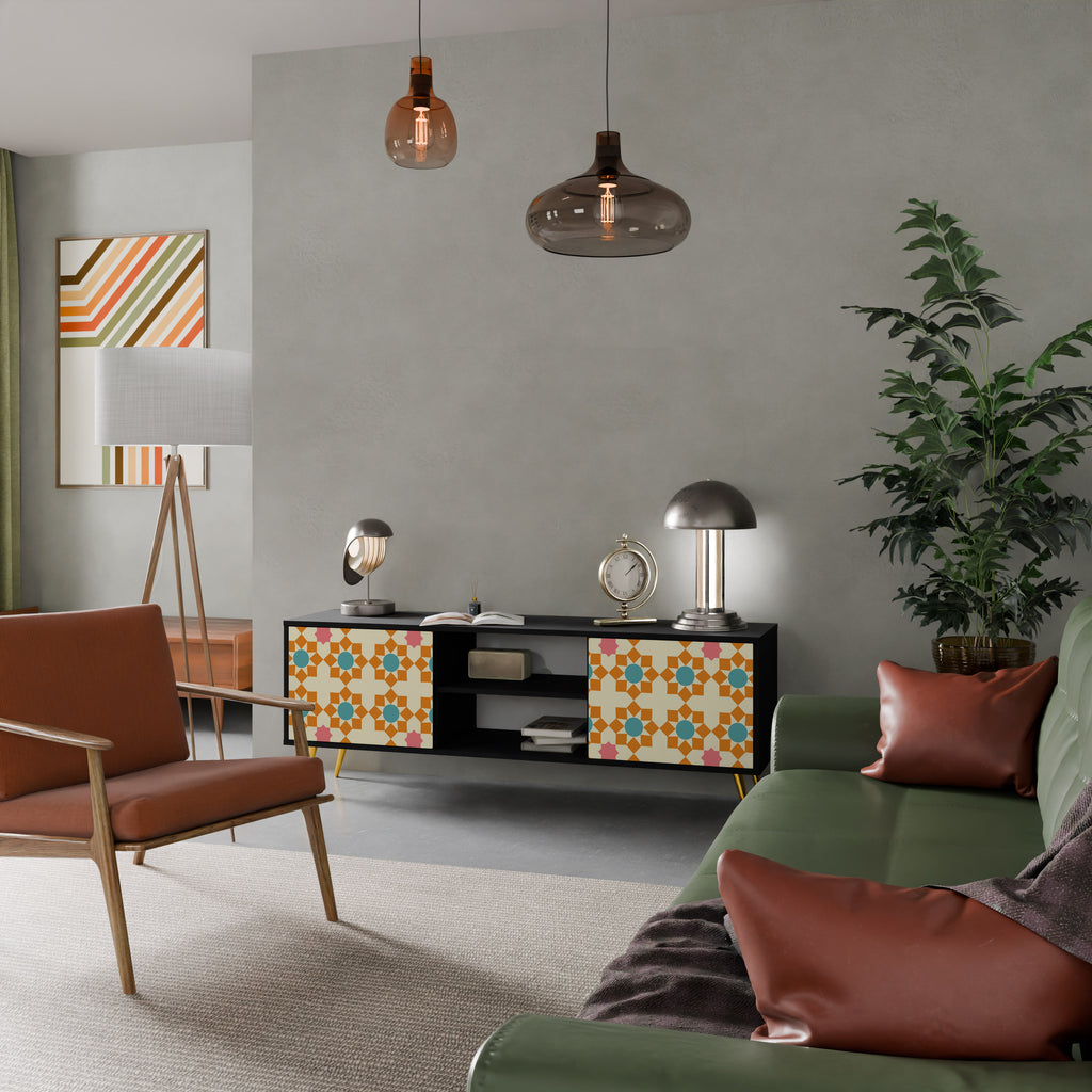 Βάση τηλεόρασης FLORAL DECOR με 2 πόρτες σε μαύρο φινίρισμα