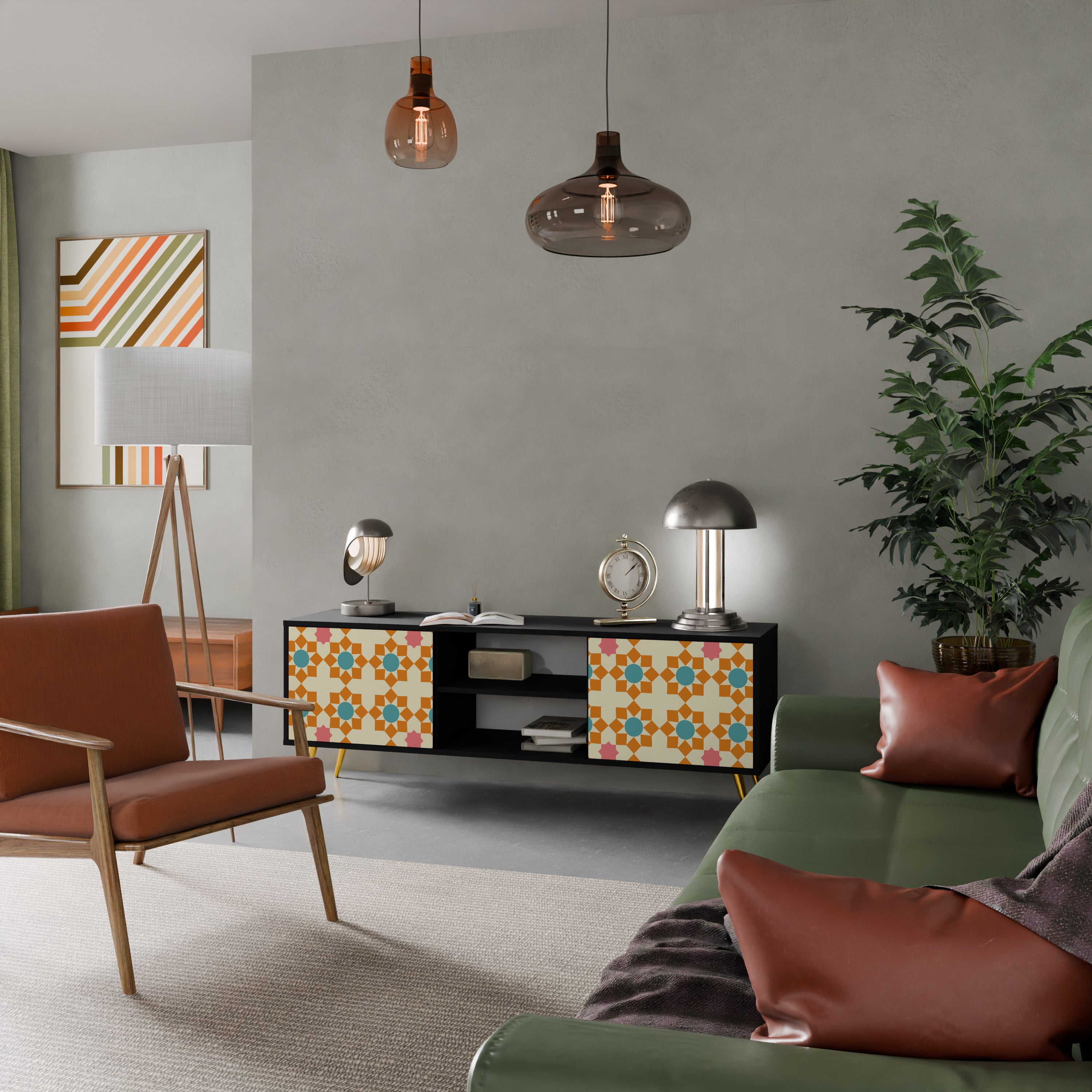 Βάση τηλεόρασης FLORAL DECOR με 2 πόρτες σε μαύρο φινίρισμα