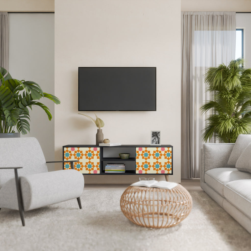 Βάση τηλεόρασης FLORAL DECOR με 2 πόρτες σε μαύρο φινίρισμα