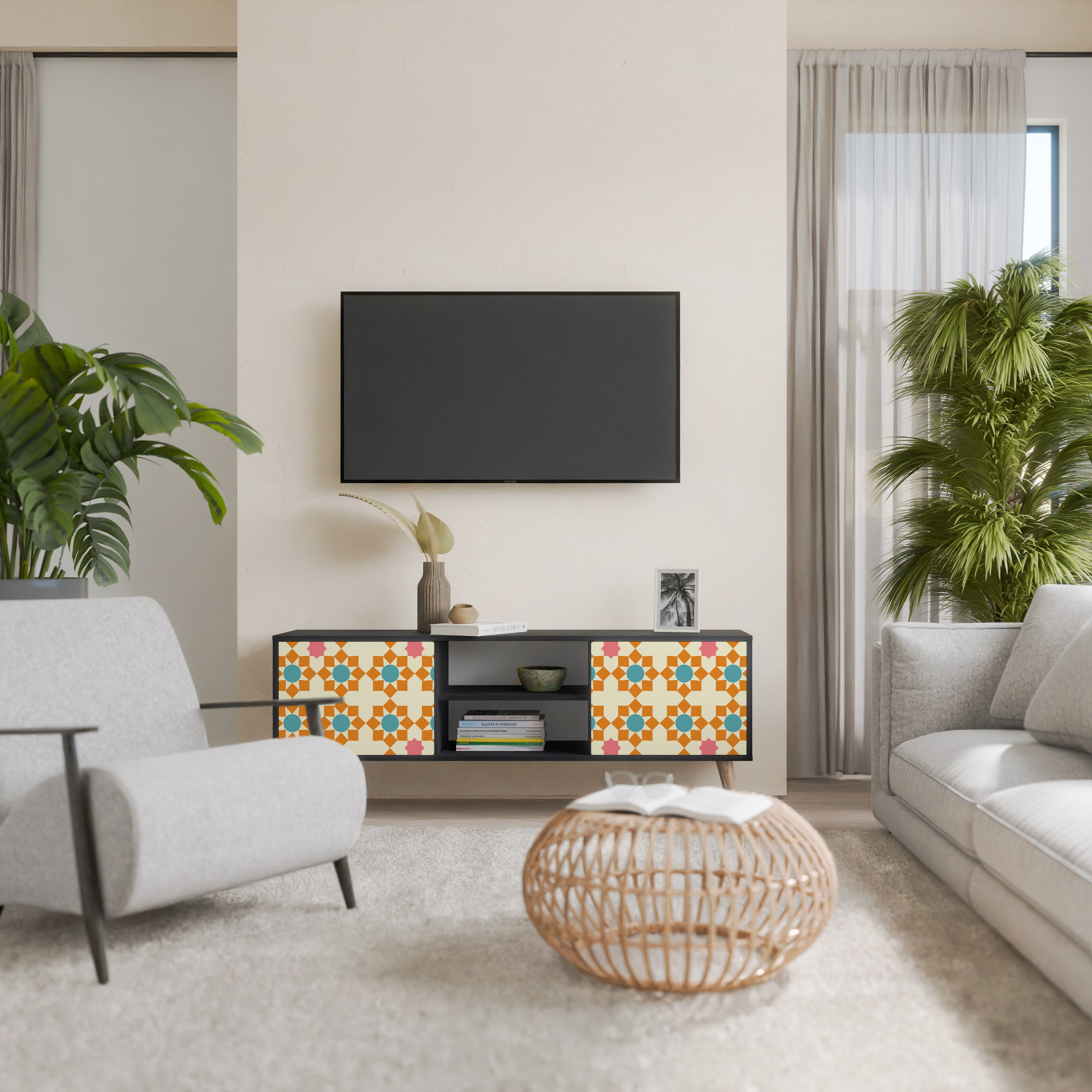 Βάση τηλεόρασης FLORAL DECOR με 2 πόρτες σε μαύρο φινίρισμα