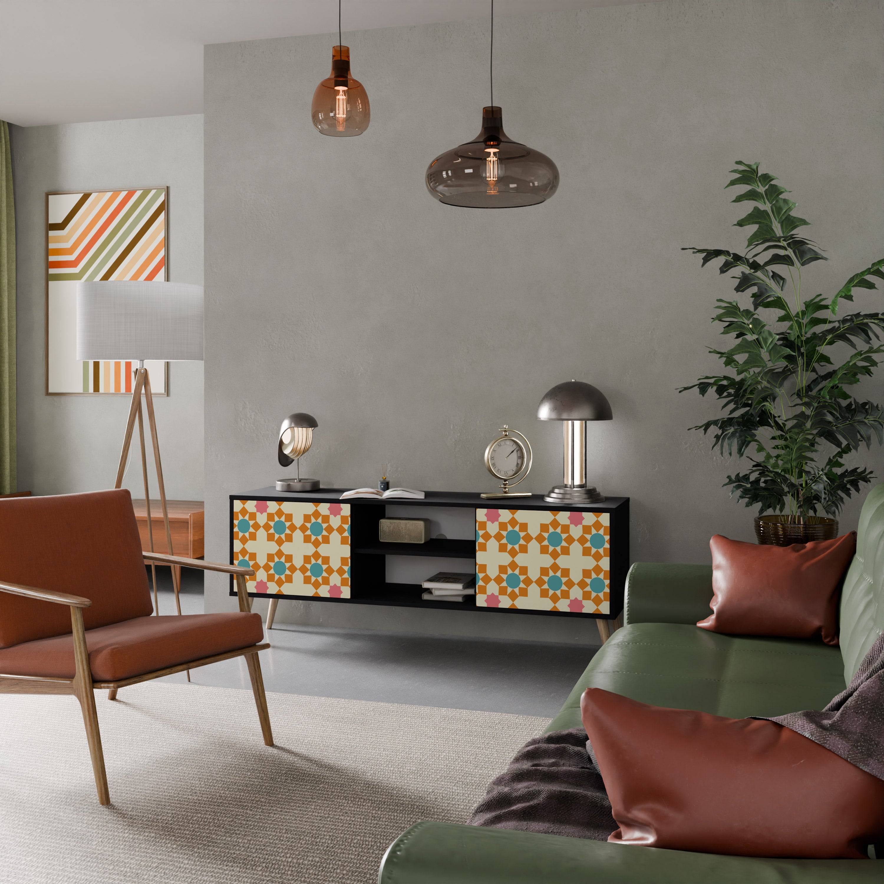 Βάση τηλεόρασης FLORAL DECOR με 2 πόρτες σε μαύρο φινίρισμα