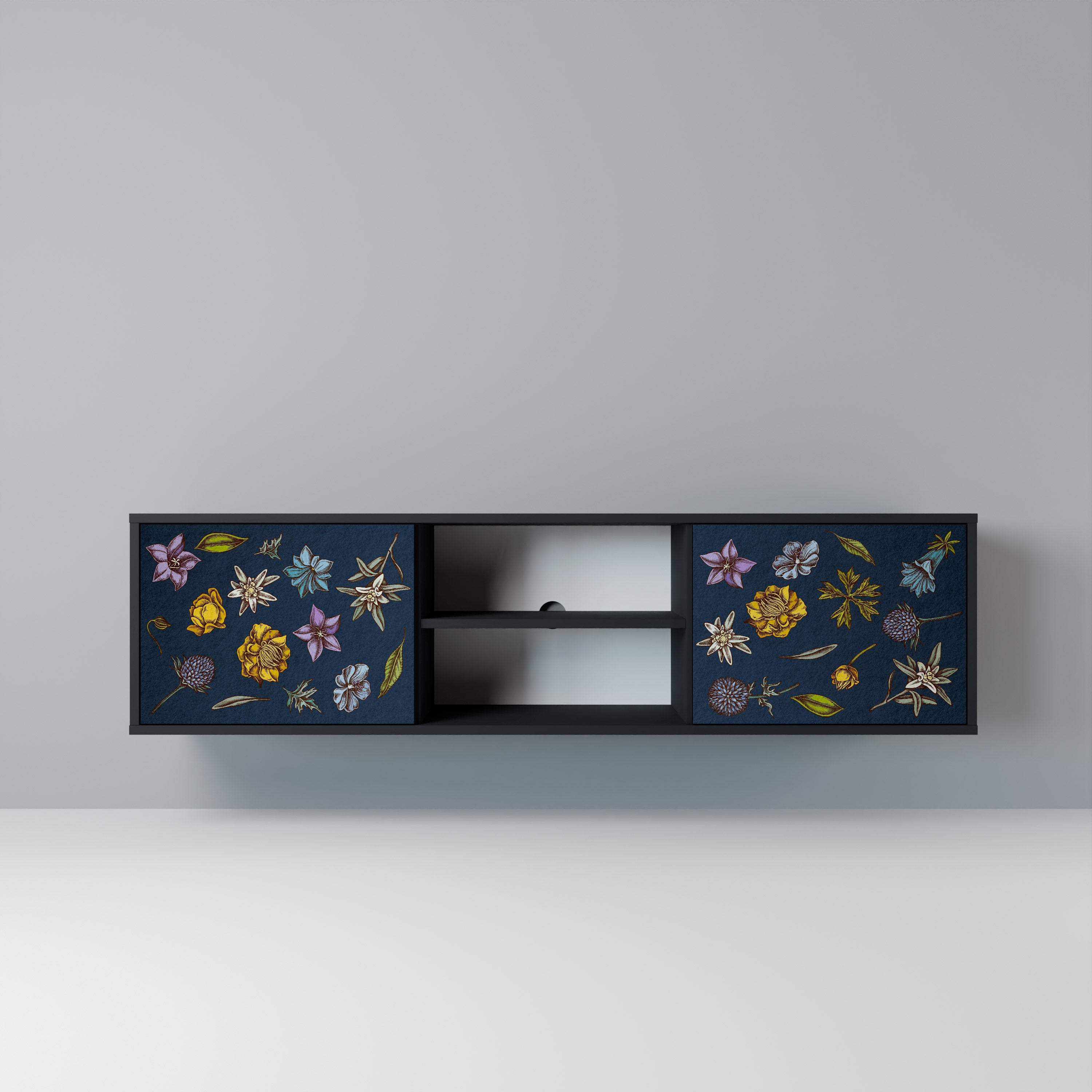 Βάση τηλεόρασης 2 θυρών FLOWERS ON NAVY BLUE σε μαύρο φινίρισμα