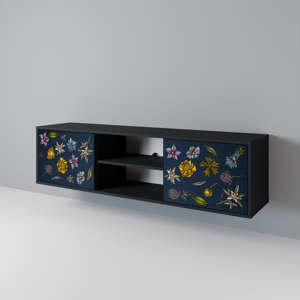 Βάση τηλεόρασης 2 θυρών FLOWERS ON NAVY BLUE σε μαύρο φινίρισμα