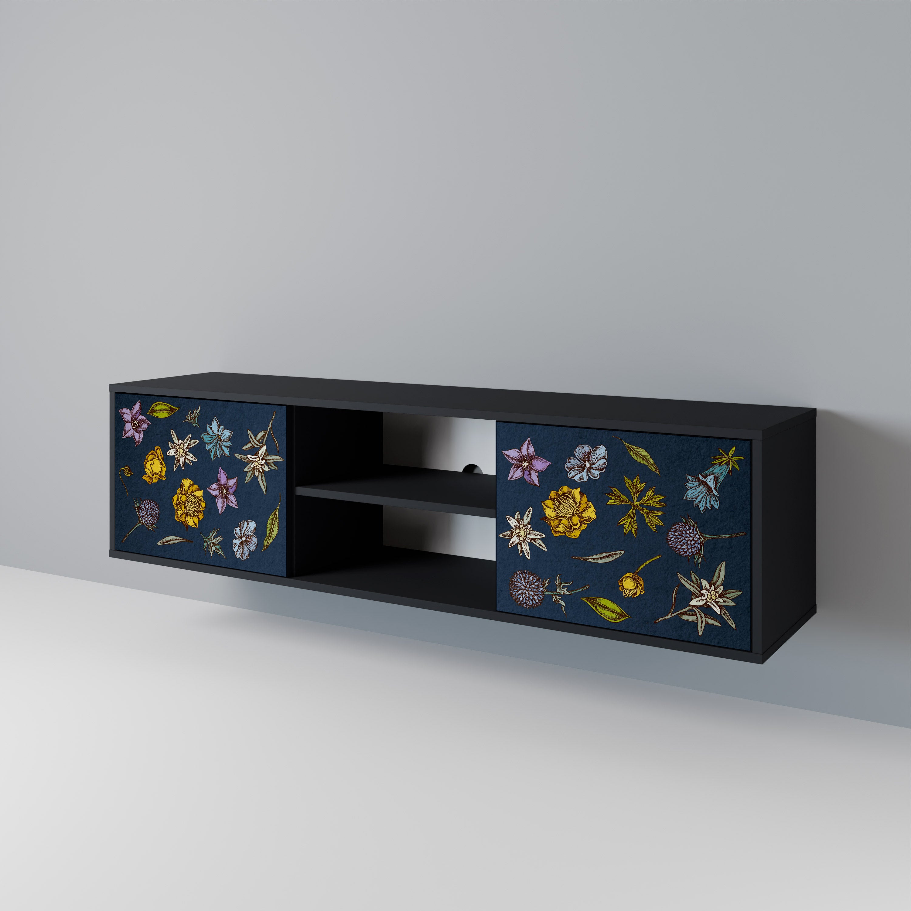 Βάση τηλεόρασης 2 θυρών FLOWERS ON NAVY BLUE σε μαύρο φινίρισμα