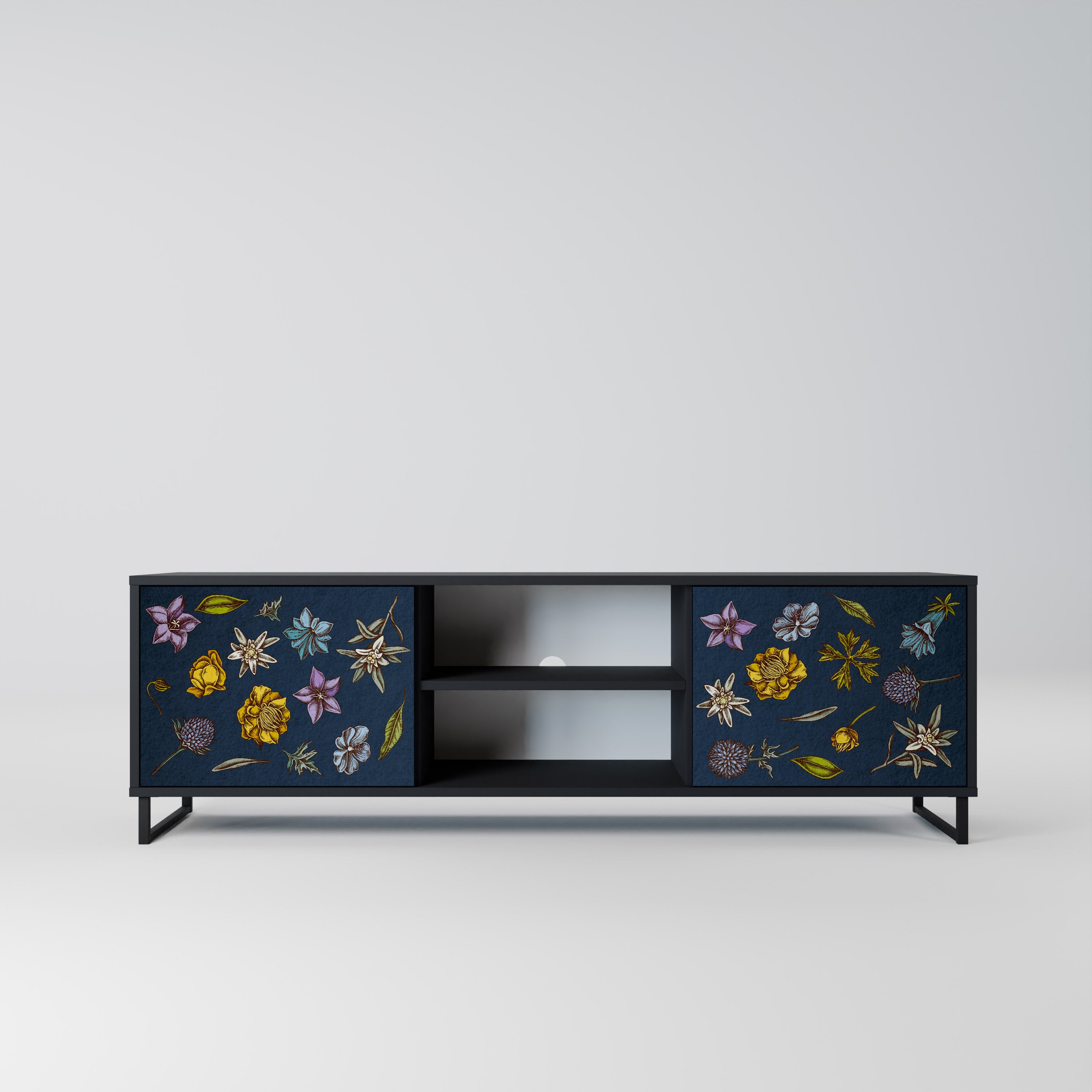 Βάση τηλεόρασης 2 θυρών FLOWERS ON NAVY BLUE σε μαύρο φινίρισμα