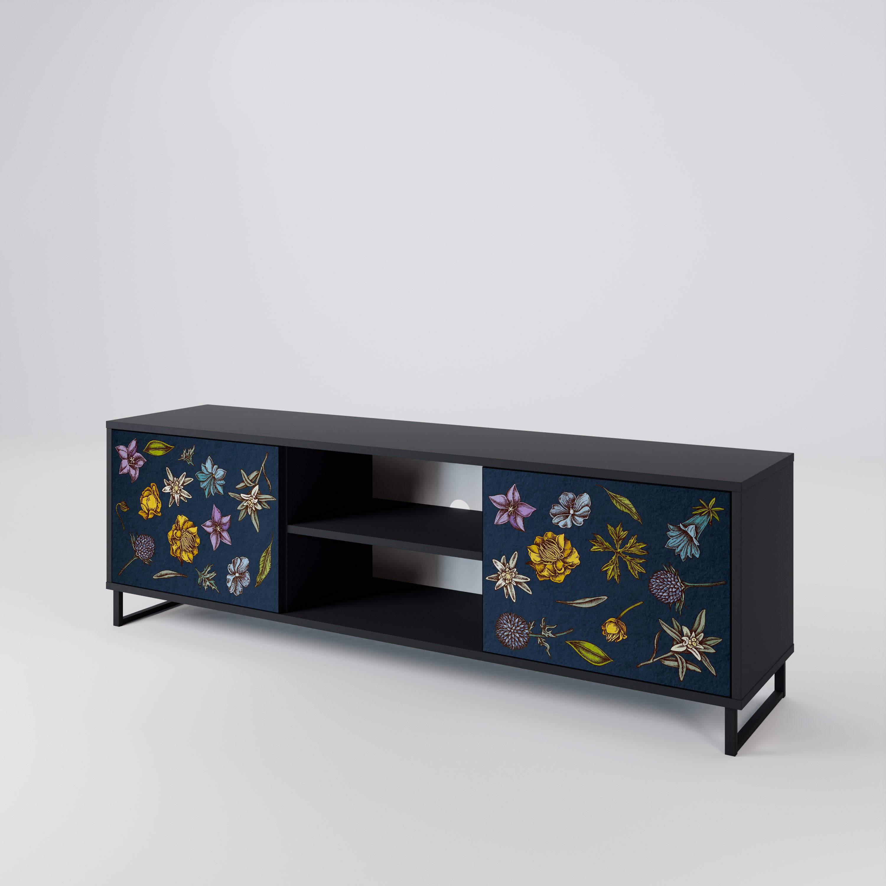 Βάση τηλεόρασης 2 θυρών FLOWERS ON NAVY BLUE σε μαύρο φινίρισμα
