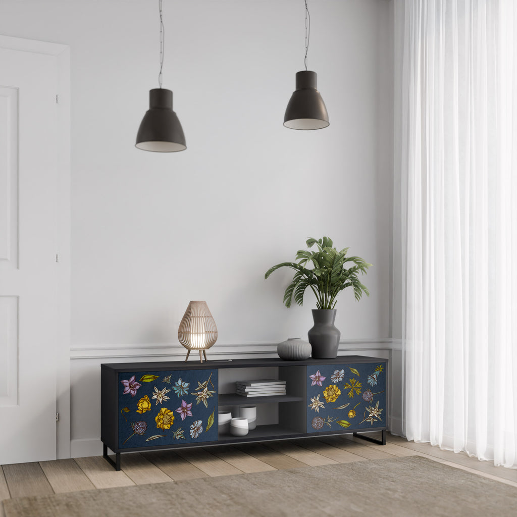 Βάση τηλεόρασης 2 θυρών FLOWERS ON NAVY BLUE σε μαύρο φινίρισμα