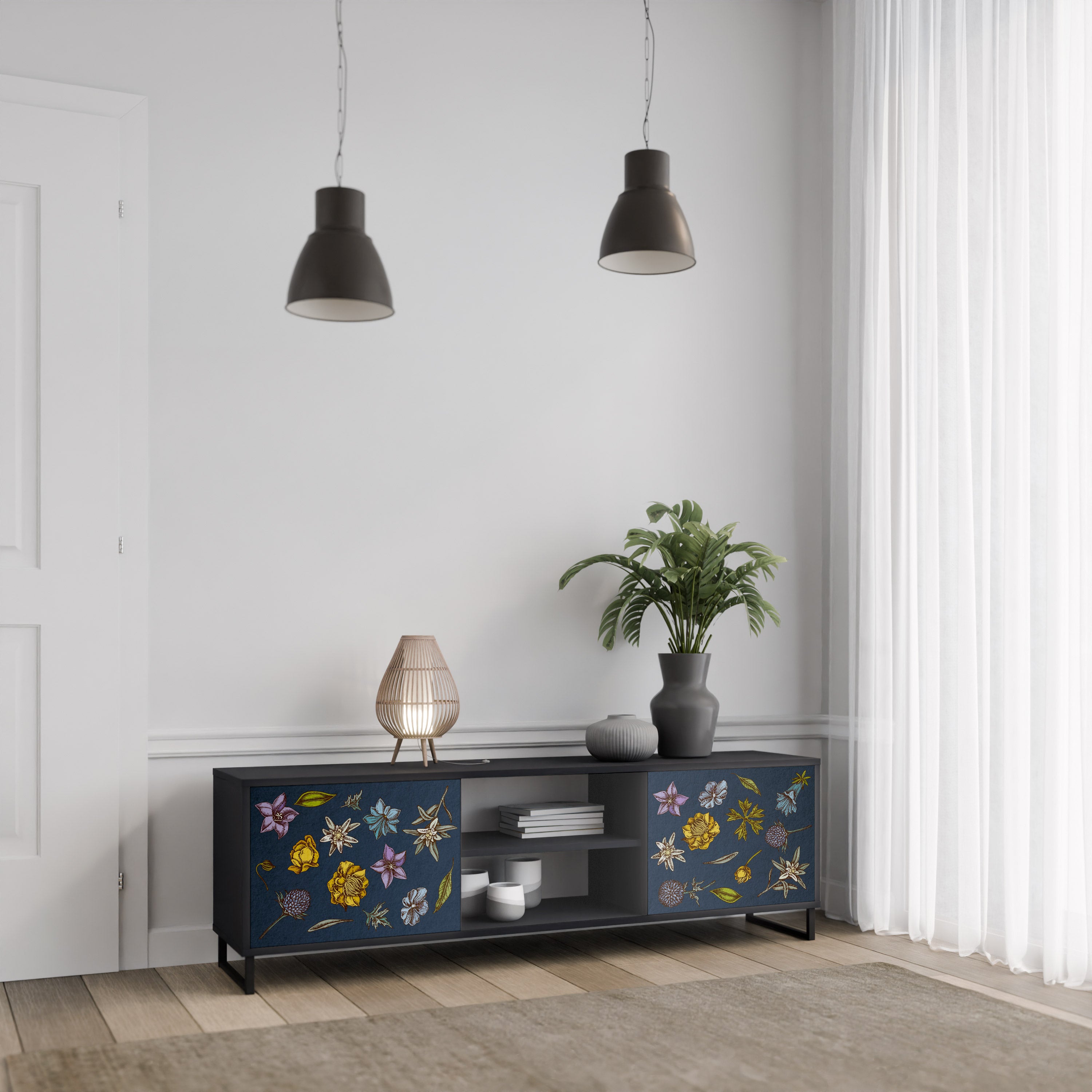 Βάση τηλεόρασης 2 θυρών FLOWERS ON NAVY BLUE σε μαύρο φινίρισμα